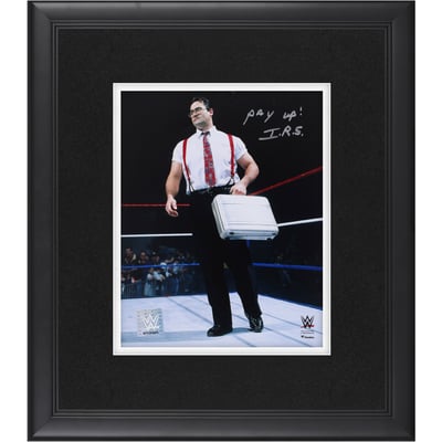 IRS WWE Autographed Fanatics Authentic Framed 8" x 10" In-Ring with Briefcase Photograph with "Pay Up!" Inscription 