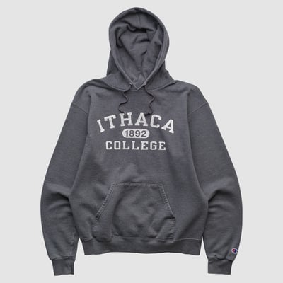 Ithaca College Bombers Champion 2000s Hooded Pullover Sweatshirt - Dark Heather Gray - XS by Fanatics Real Vintage