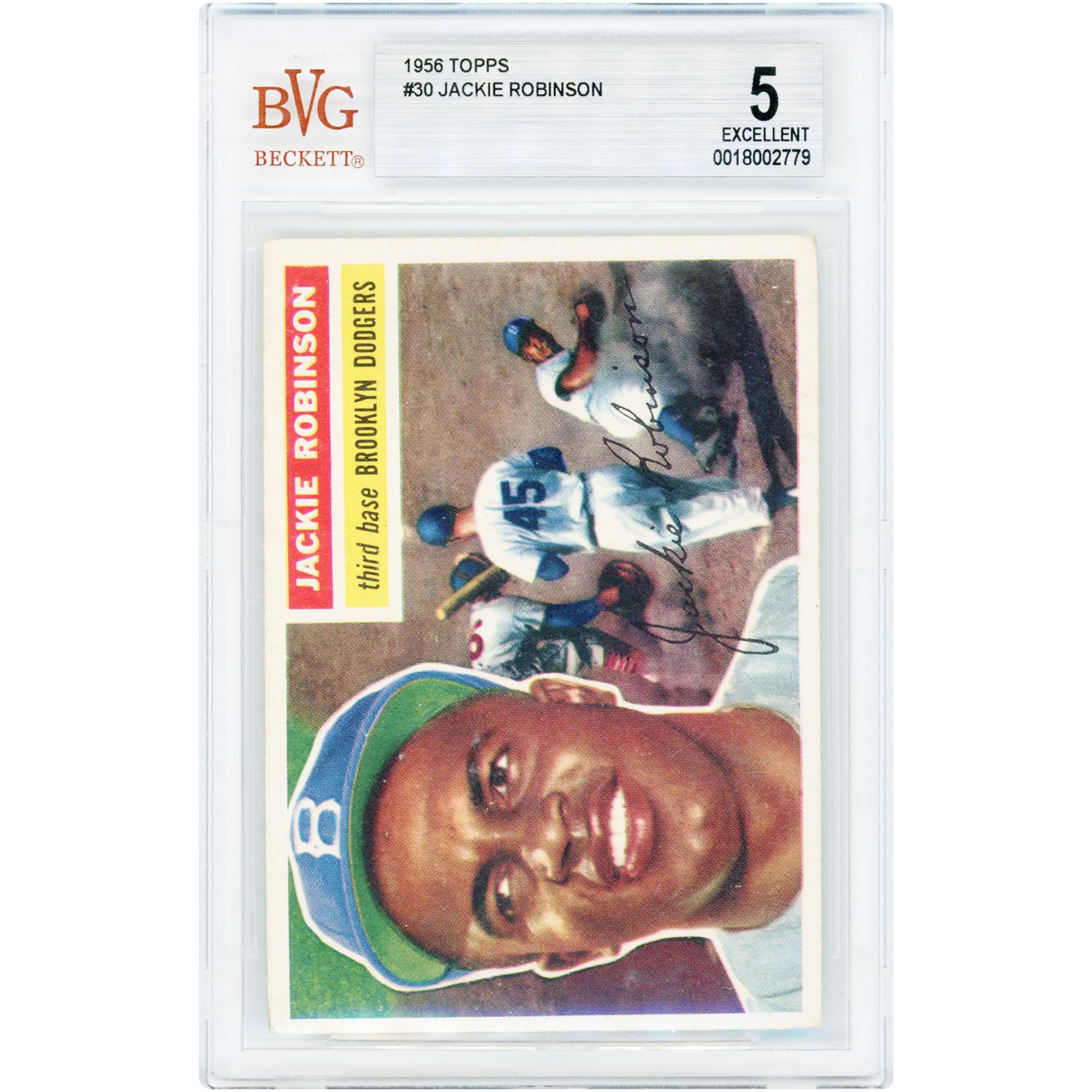 Jackie Robinson Brooklyn Dodgers 1956 Topps White Back #30 BVG Authenticated 5 Card