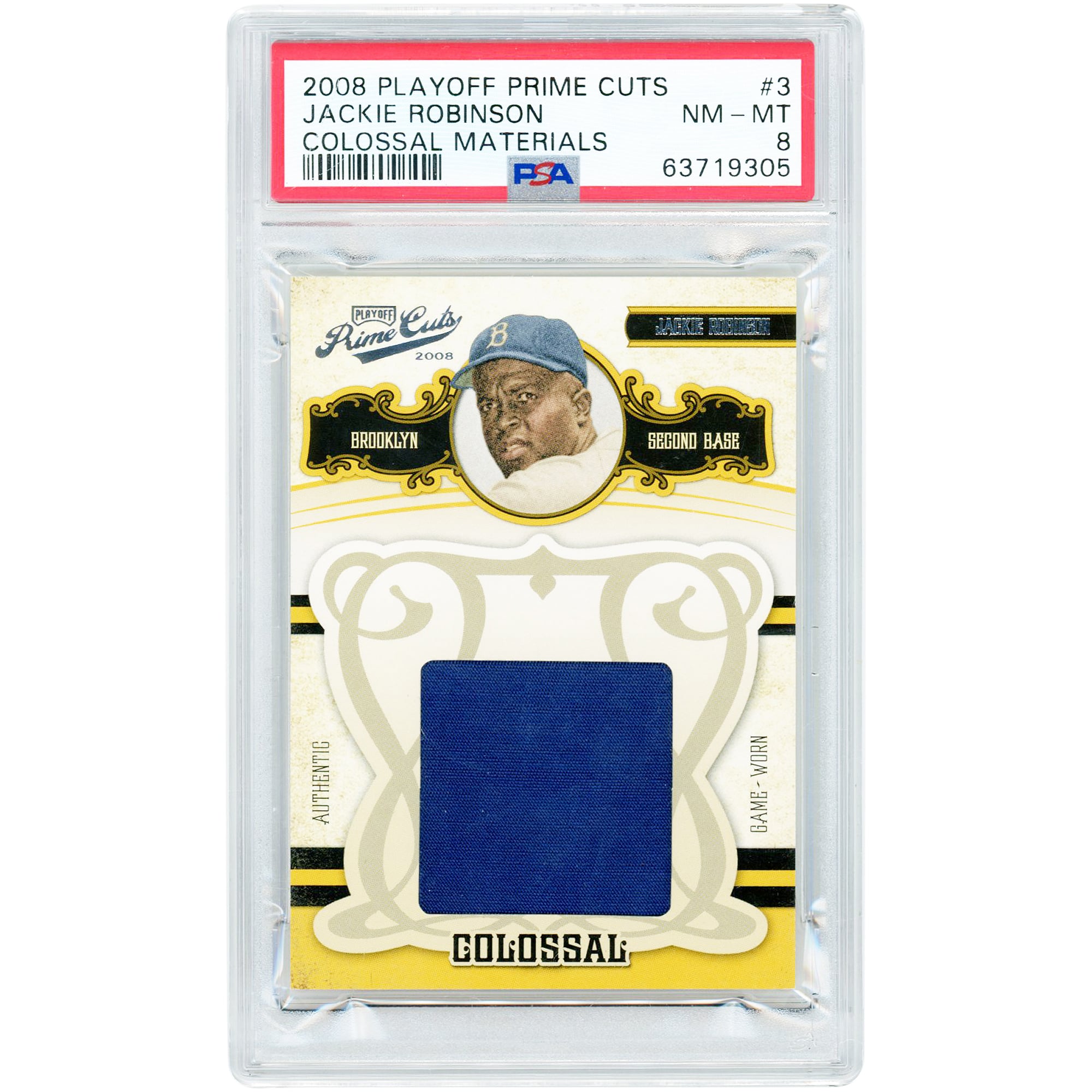 Carte Jackie Robinson Brooklyn Dodgers 2008 Playoff Prime Cuts Colossal Materials Game Relic n° 3, n° 17/22, authentifiée PSA 8