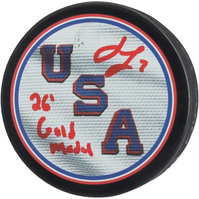 Jackson LaCombe Team USA Autographed Fanatics Authentic 2026 Olympics Hockey Puck with "26 Gold Medal" Inscription