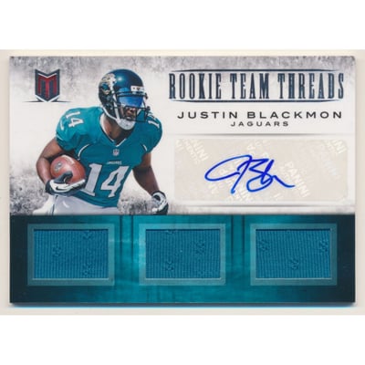 2012 Momentum Rookie Team Threads Triple Materials Signatures #4 Justin Blackmon
