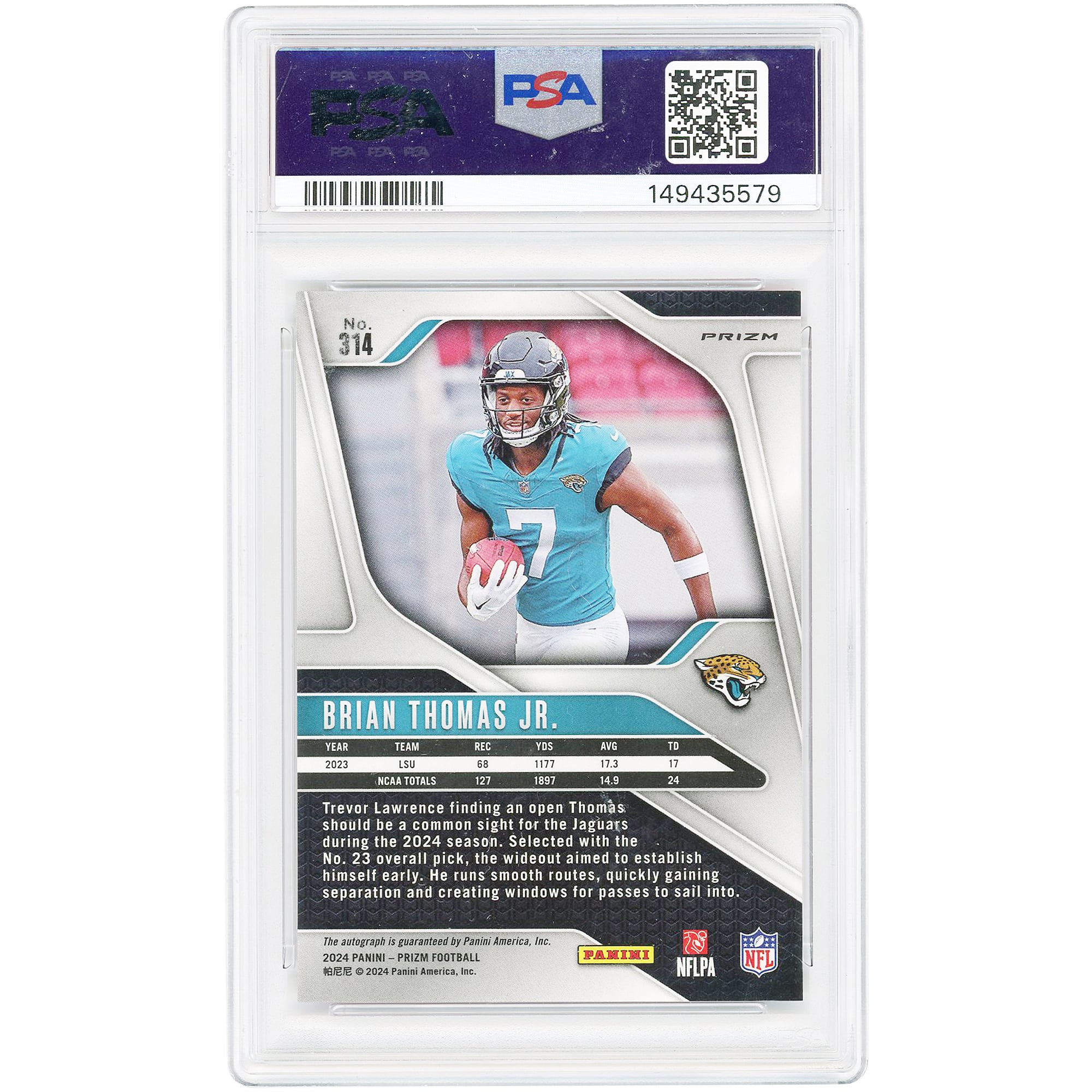 Brian Thomas Jr. Jacksonville Jaguars Autographed 2024 Panini Prizm Pink Prizm #314 PSA Authenticated 9 Rookie Card