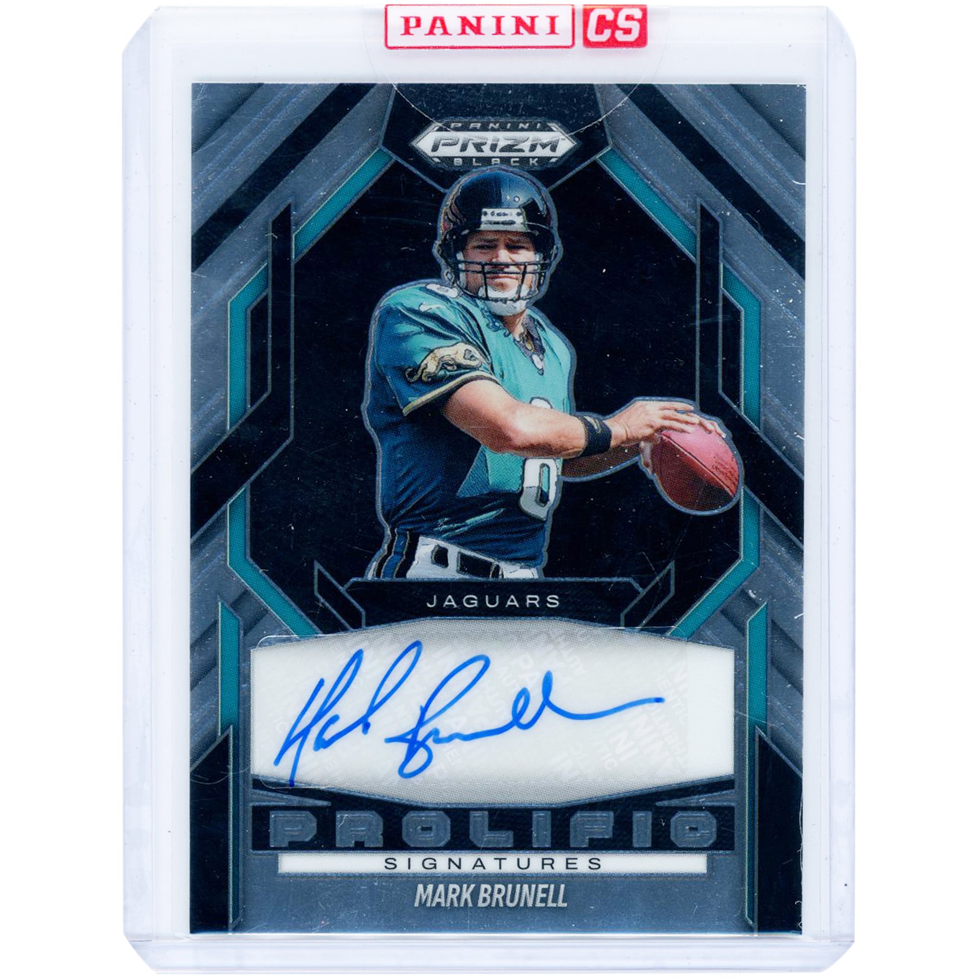 Carte Panini Prizm Black Prolific Signatures 2025 autographiée par Mark Brunell (Jaguars de Jacksonville) #PS-MBL