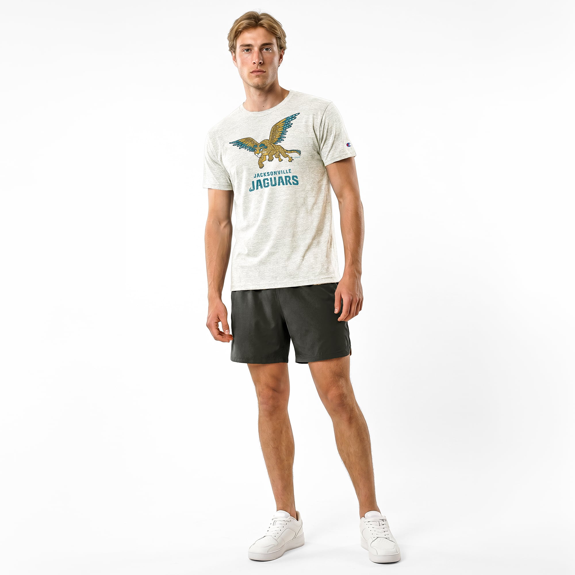 Men's Disney x Champion Cream Jacksonville Jaguars Pepita Tri-Blend T-Shirt
