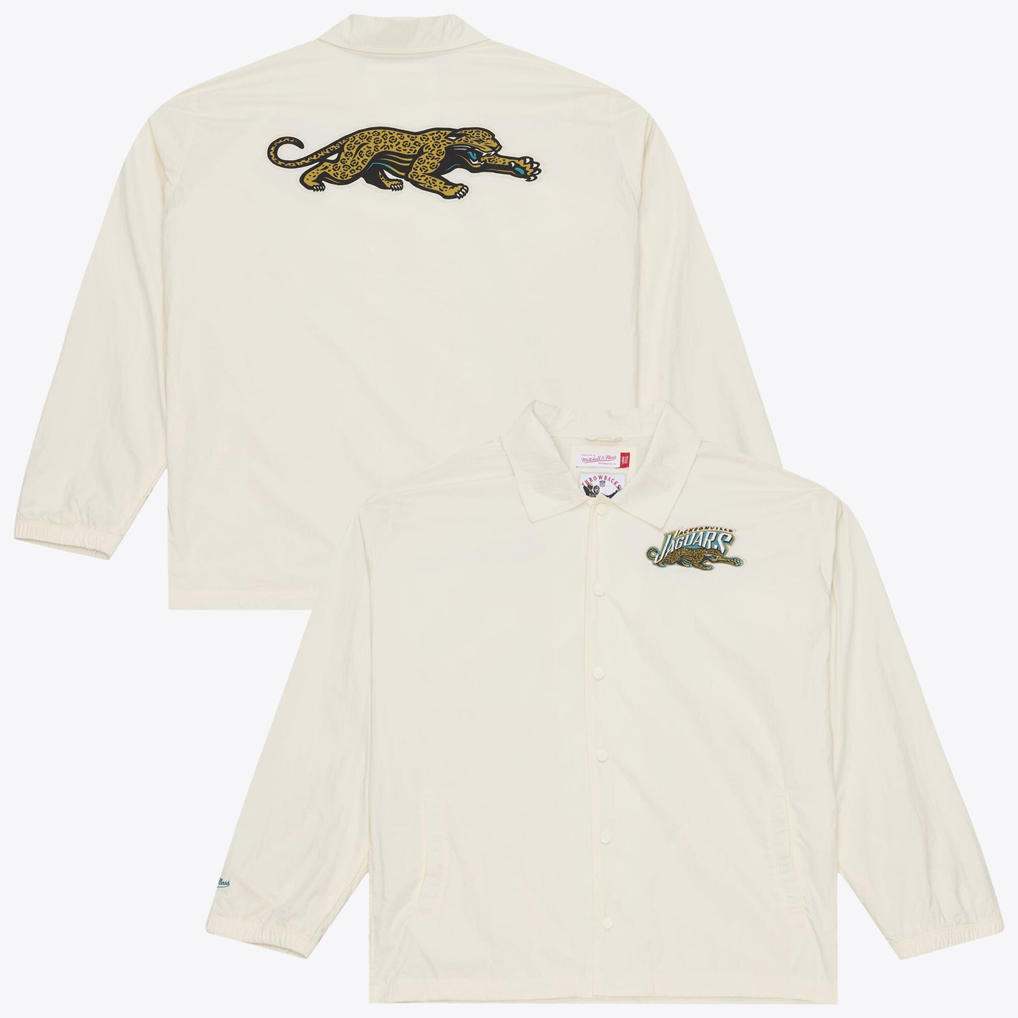 Veste d'entraîneur Mitchell & Ness crème Jacksonville Jaguars Retro Roots pour homme, fermeture à boutons-pression.