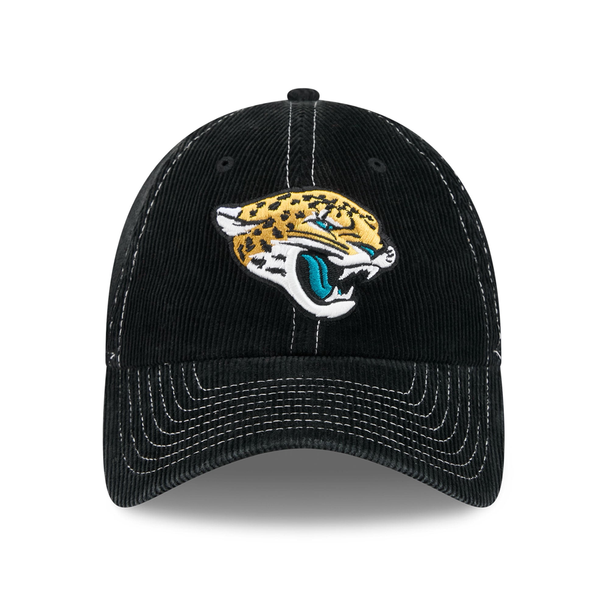 Casquette New Era noire pour homme, modèle Jacksonville Jaguars, en velours côtelé, style classique décontracté et ajustable.