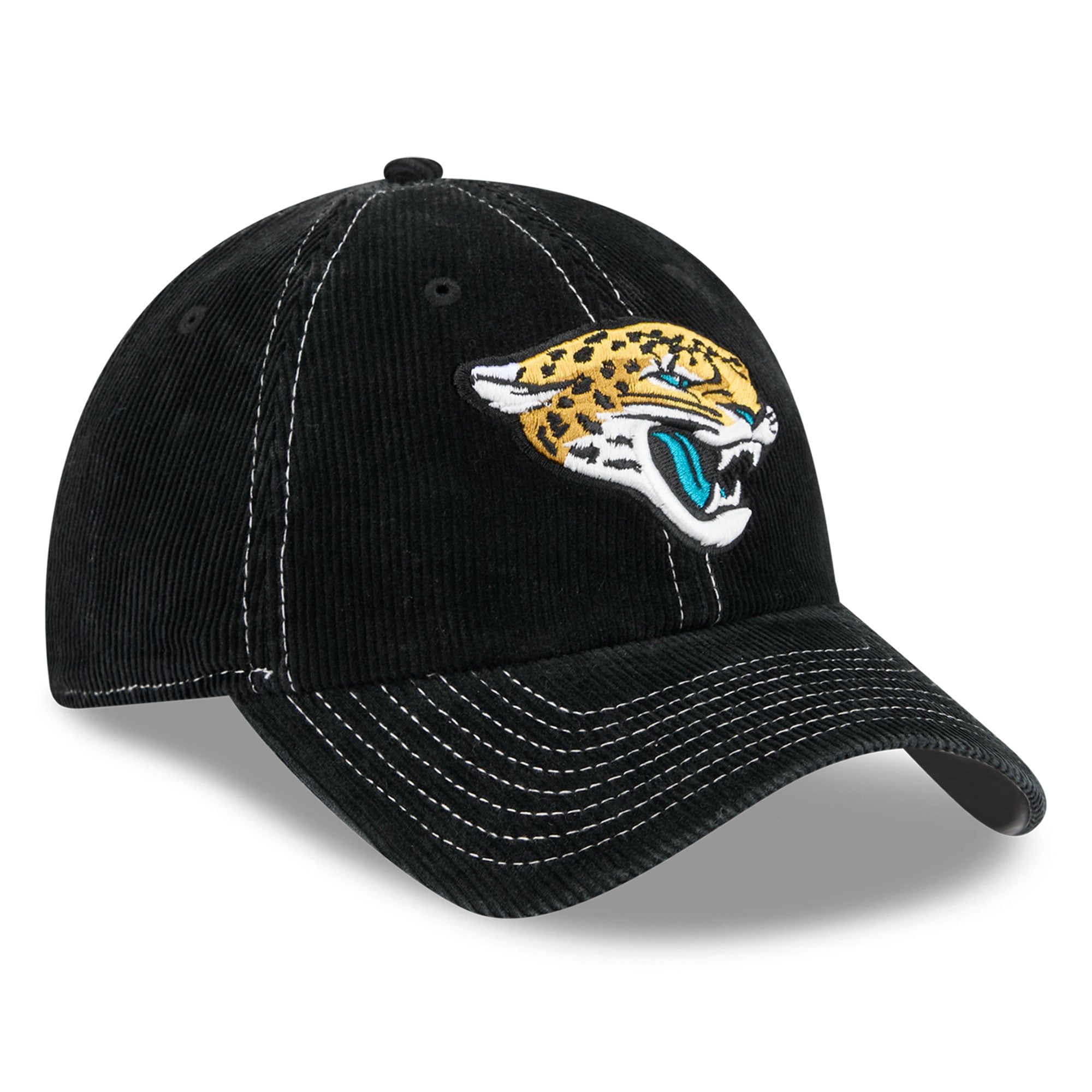 Casquette New Era noire pour homme, modèle Jacksonville Jaguars, en velours côtelé, style classique décontracté et ajustable.