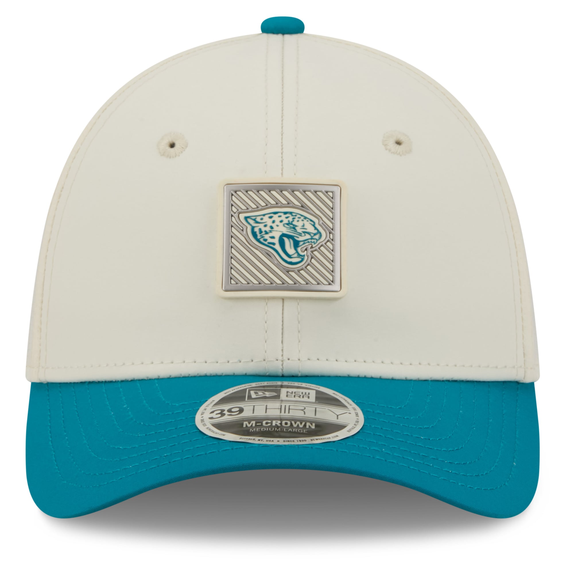 Casquette New Era Flex crème/turquoise Jacksonville Jaguars, camp d'entraînement NFL 2026, modèle 39THIRTY.
