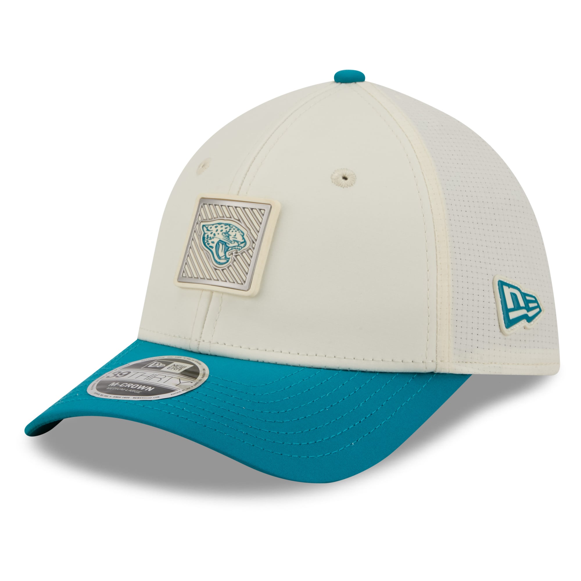 Casquette New Era Flex crème/turquoise Jacksonville Jaguars, camp d'entraînement NFL 2026, modèle 39THIRTY.