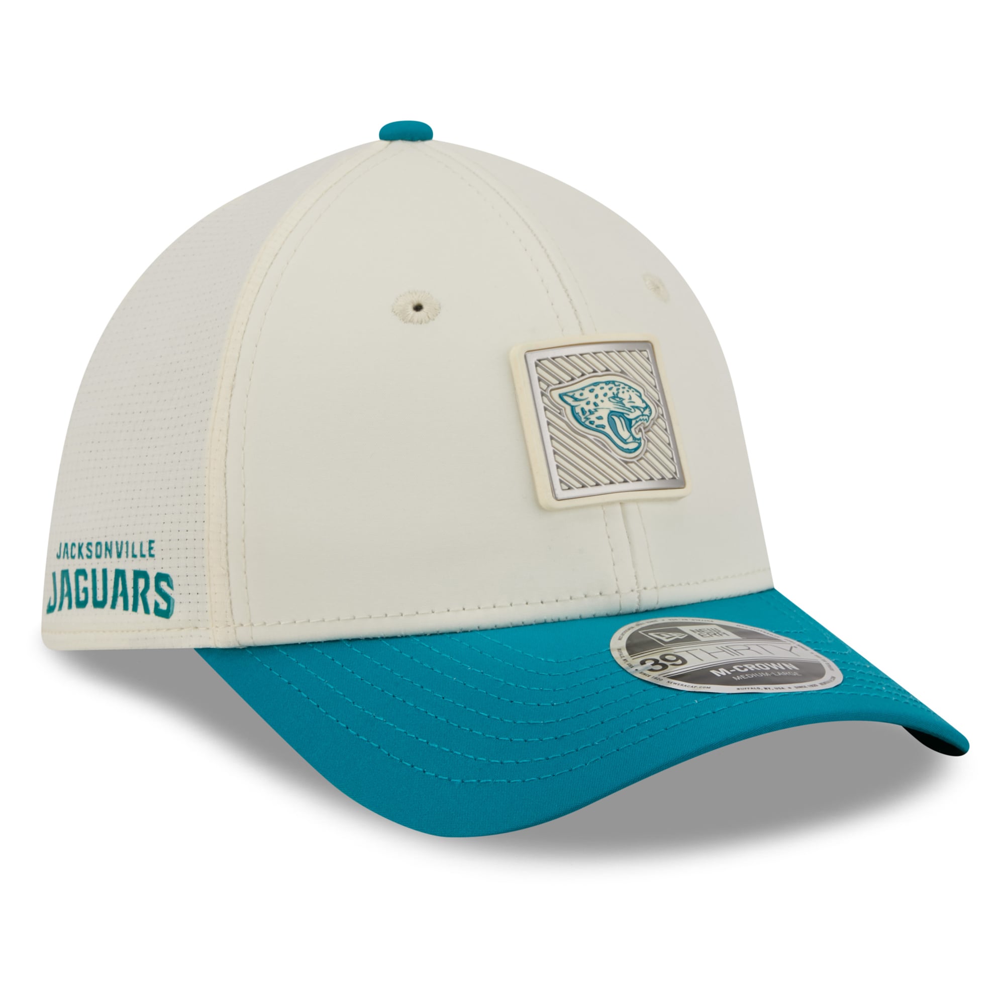 Casquette New Era Flex crème/turquoise Jacksonville Jaguars, camp d'entraînement NFL 2026, modèle 39THIRTY.