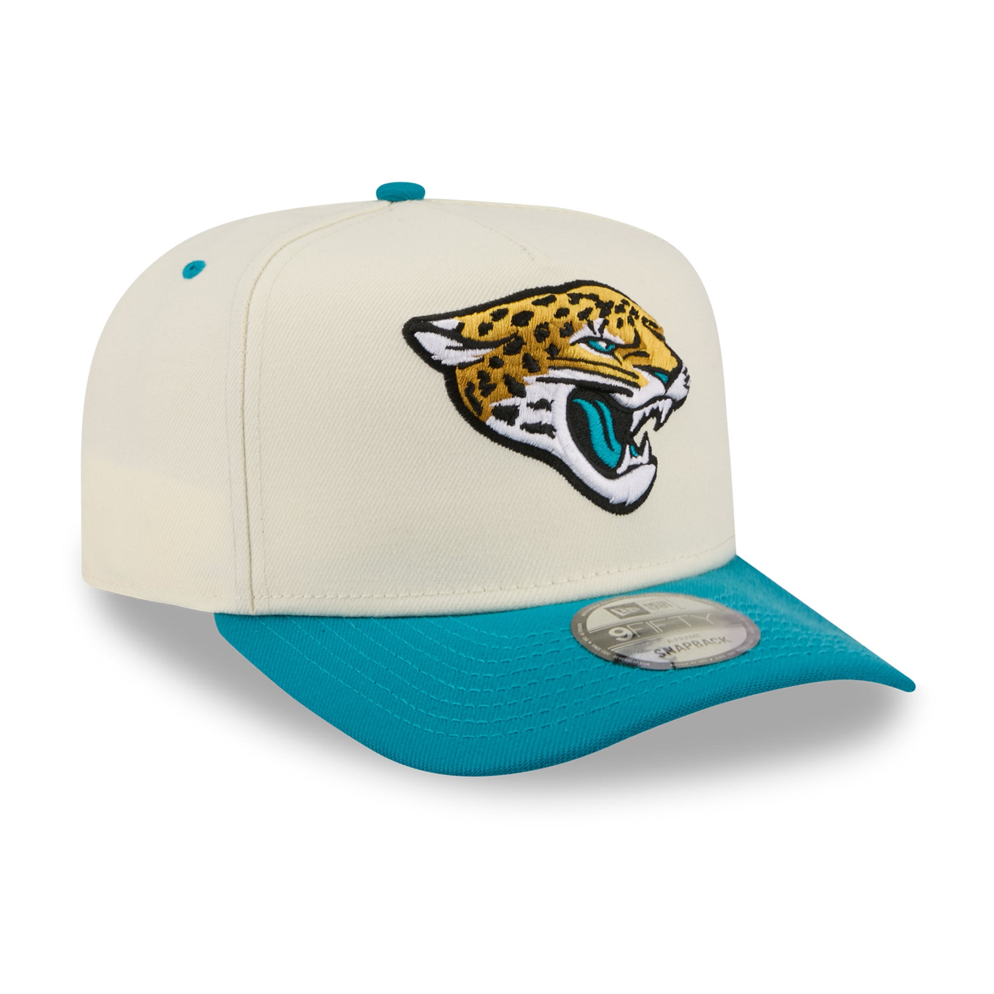 Casquette snapback New Era 9FIFTY pour homme, crème/turquoise, logo Jacksonville Jaguars à l'arrière.