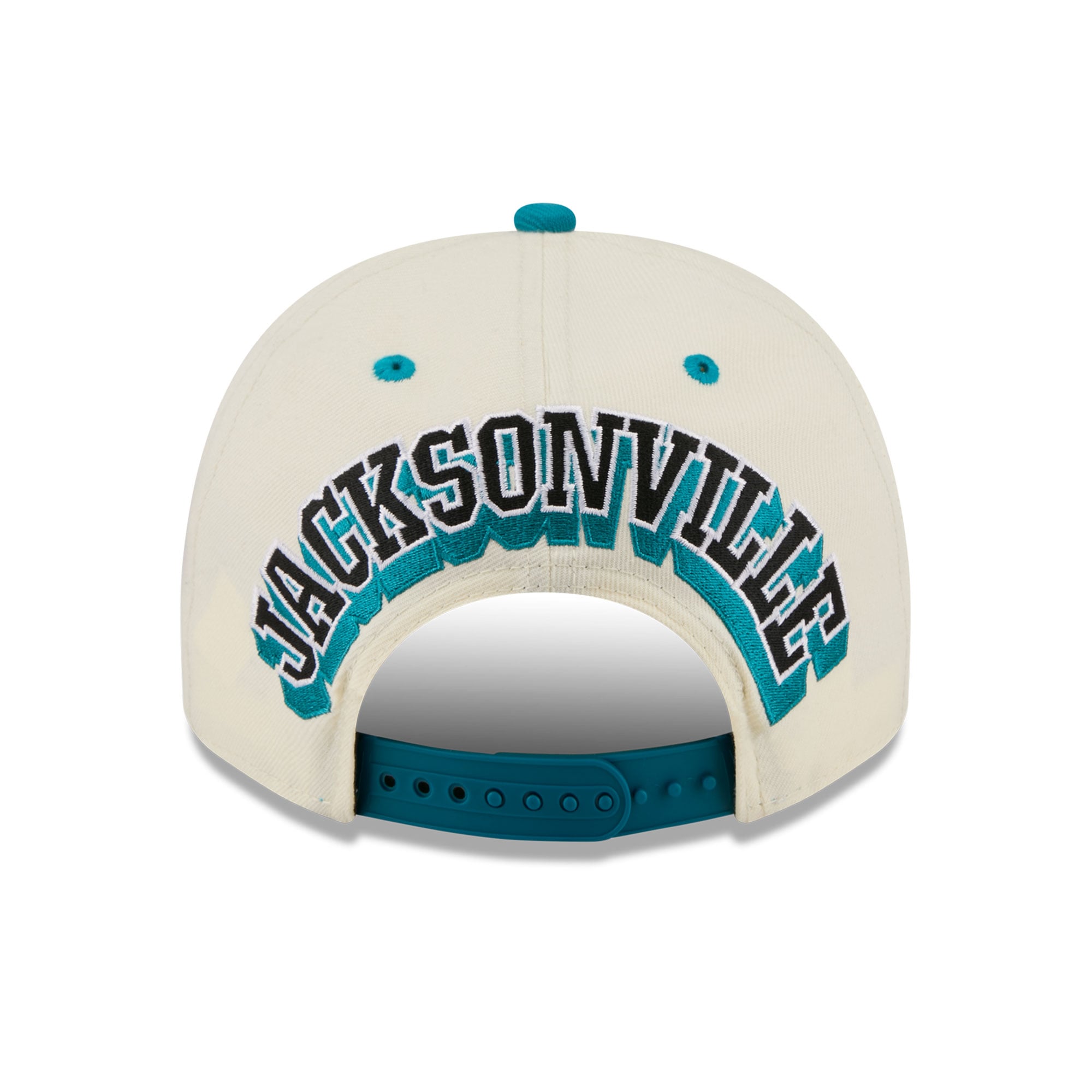 Casquette snapback New Era 9FIFTY pour homme, crème/turquoise, logo Jacksonville Jaguars à l'arrière.
