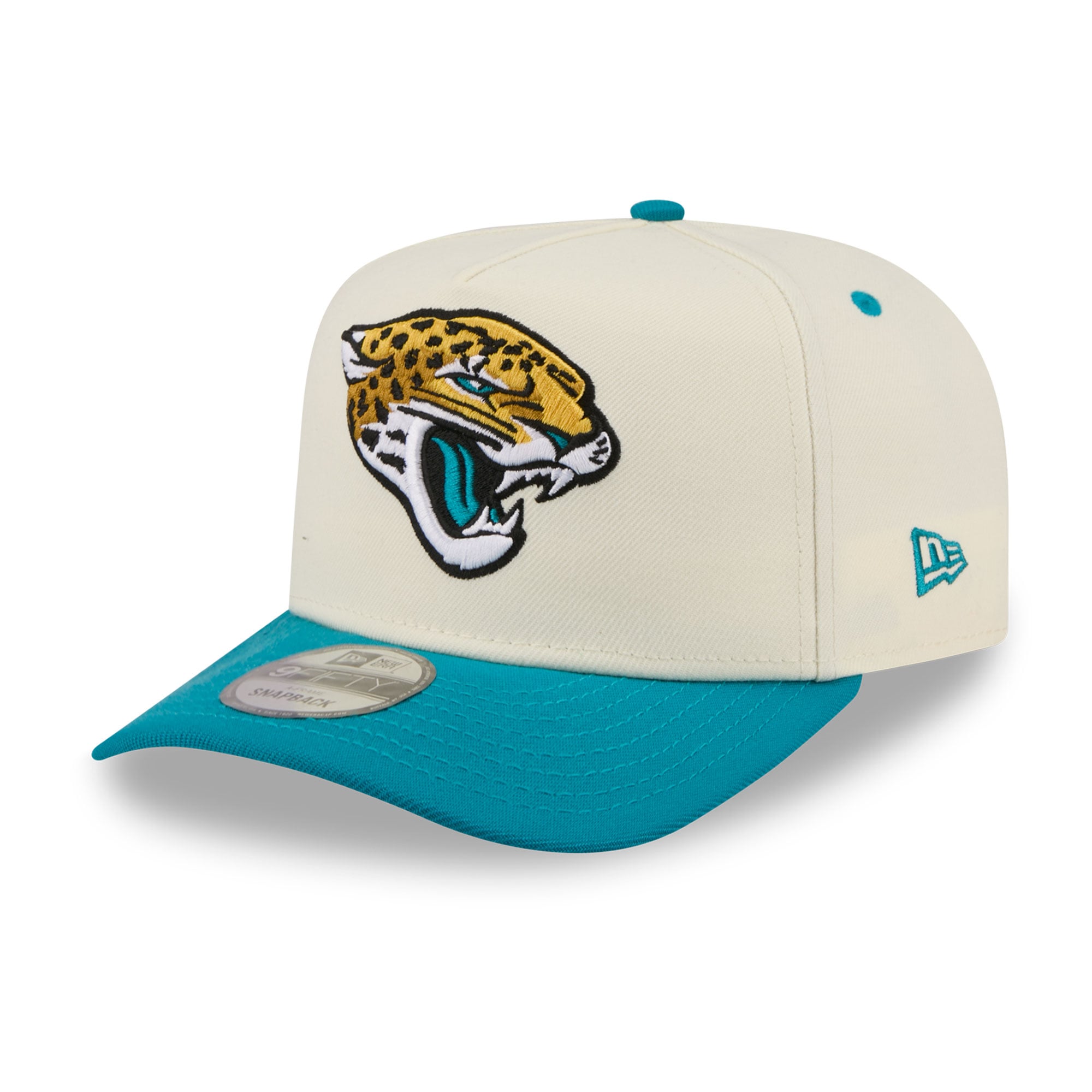Casquette snapback New Era 9FIFTY pour homme, crème/turquoise, logo Jacksonville Jaguars à l'arrière.