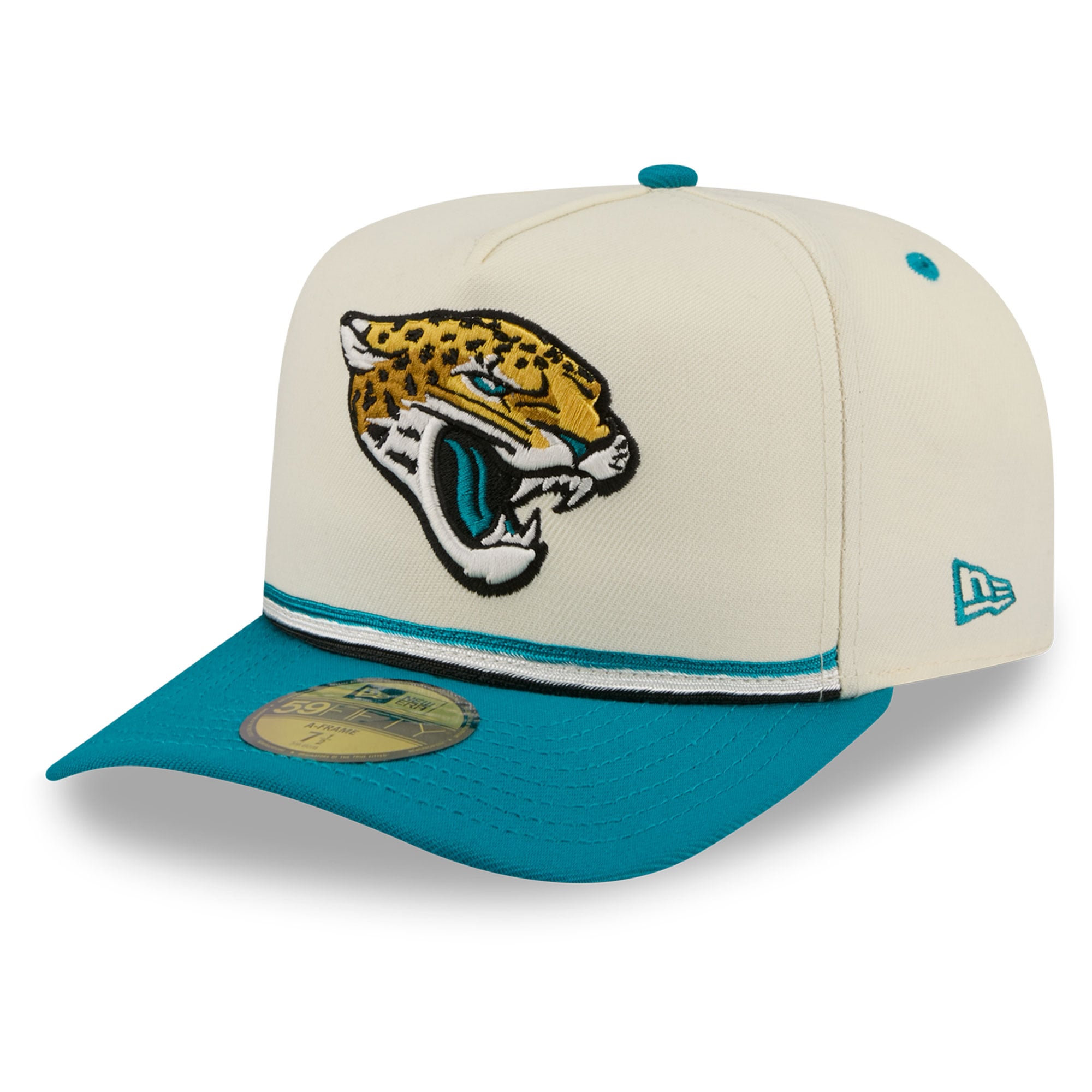 Casquette ajustée New Era 59FIFTY pour homme, crème/turquoise, Jacksonville Jaguars, style vintage.