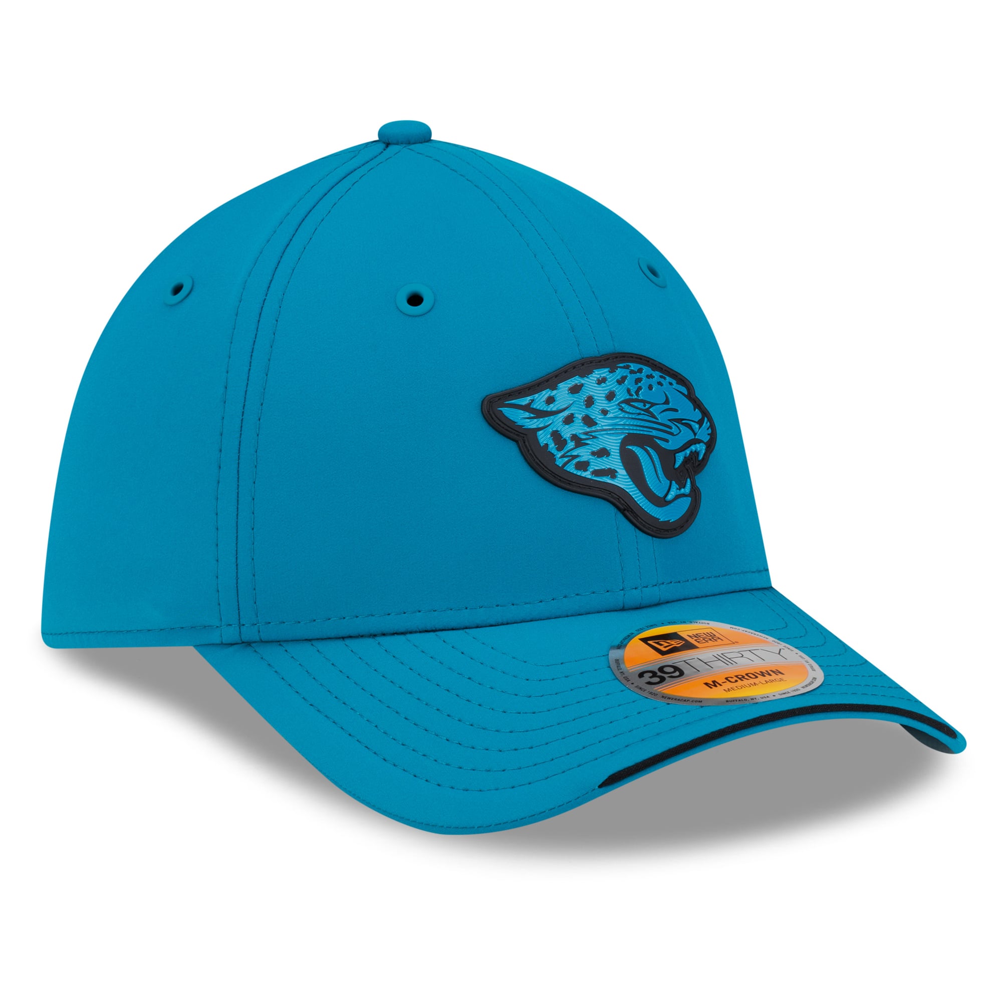 Casquette New Era Flex pour homme, couleur turquoise, Jacksonville Jaguars 2026 Sideline 39THIRTY M-Crown