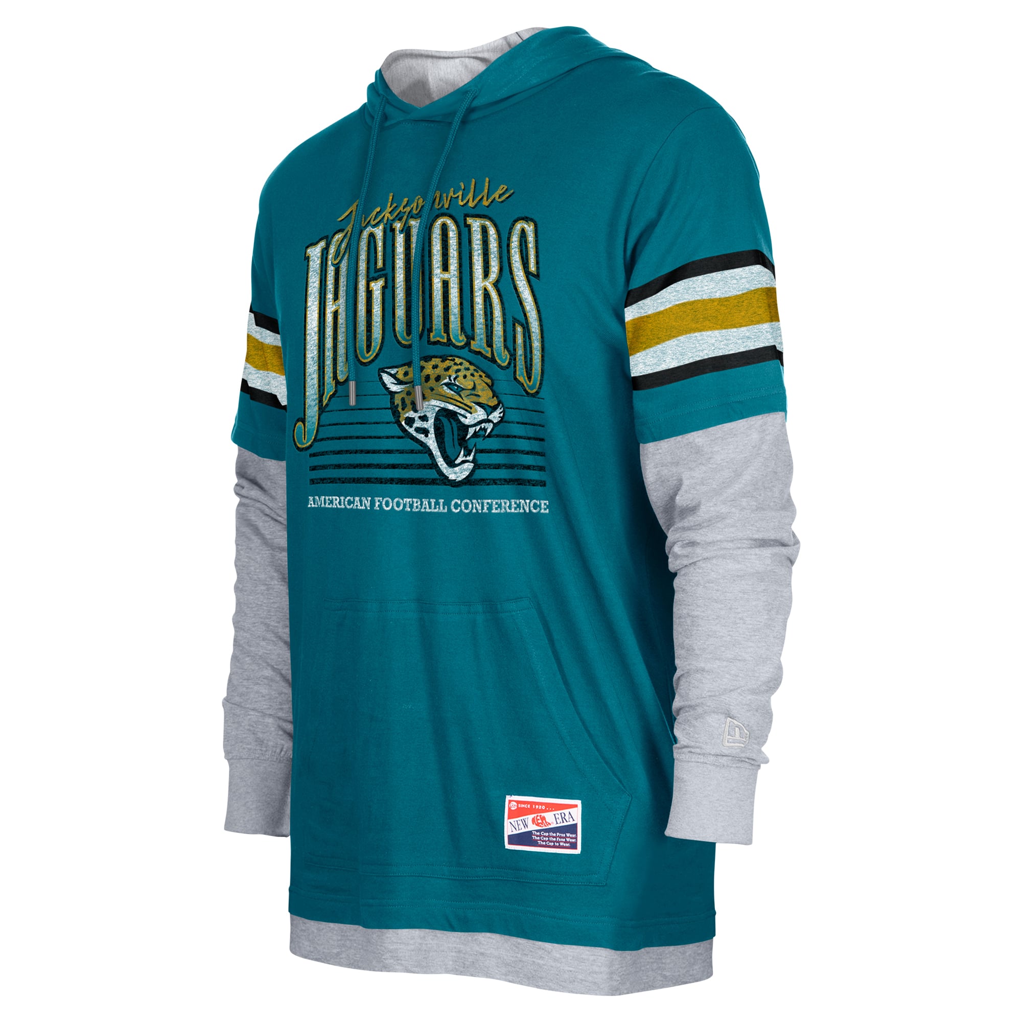 T-shirt à capuche manches longues Twofer pour homme, bleu sarcelle, Jacksonville Jaguars, New Era