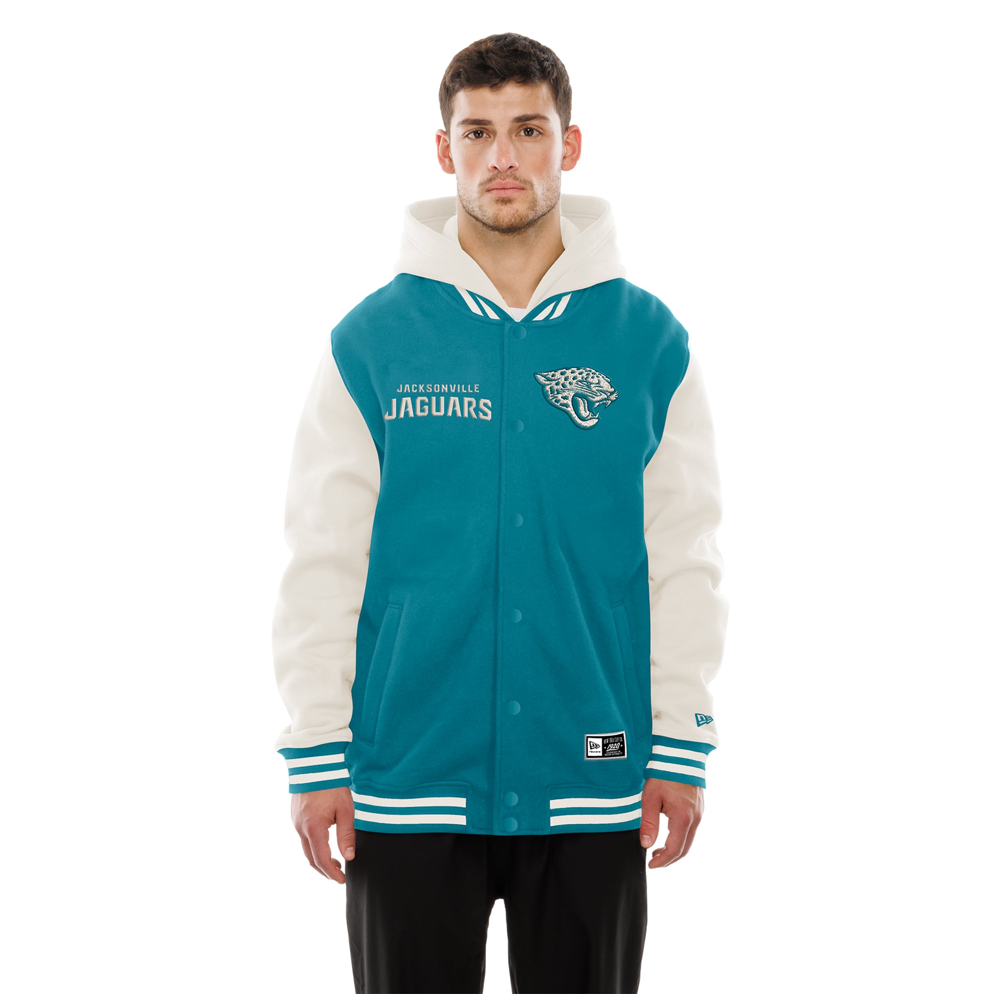 Veste polaire à capuche New Era pour homme, coloris sarcelle/crème, Jacksonville Jaguars, fermeture boutons-pression.
