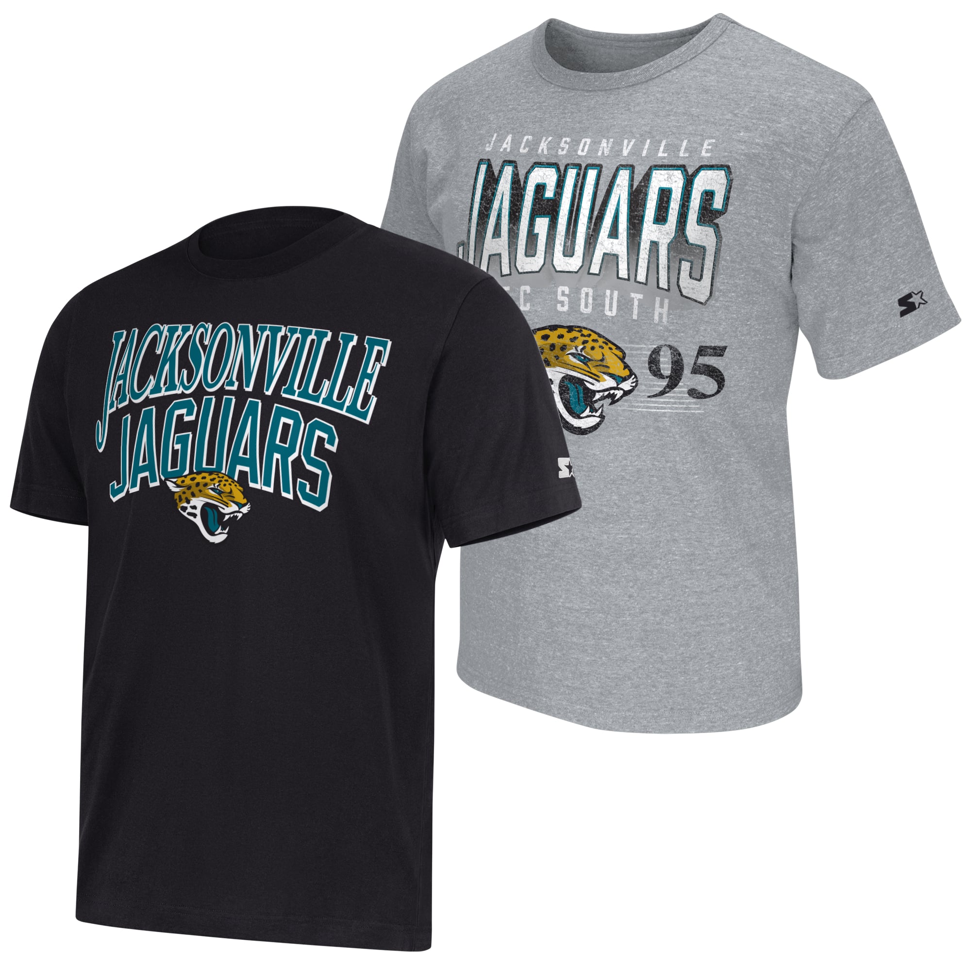 Lot de deux t-shirts à logo des Jaguars Jacksonville, marque Starter, noir/gris chiné