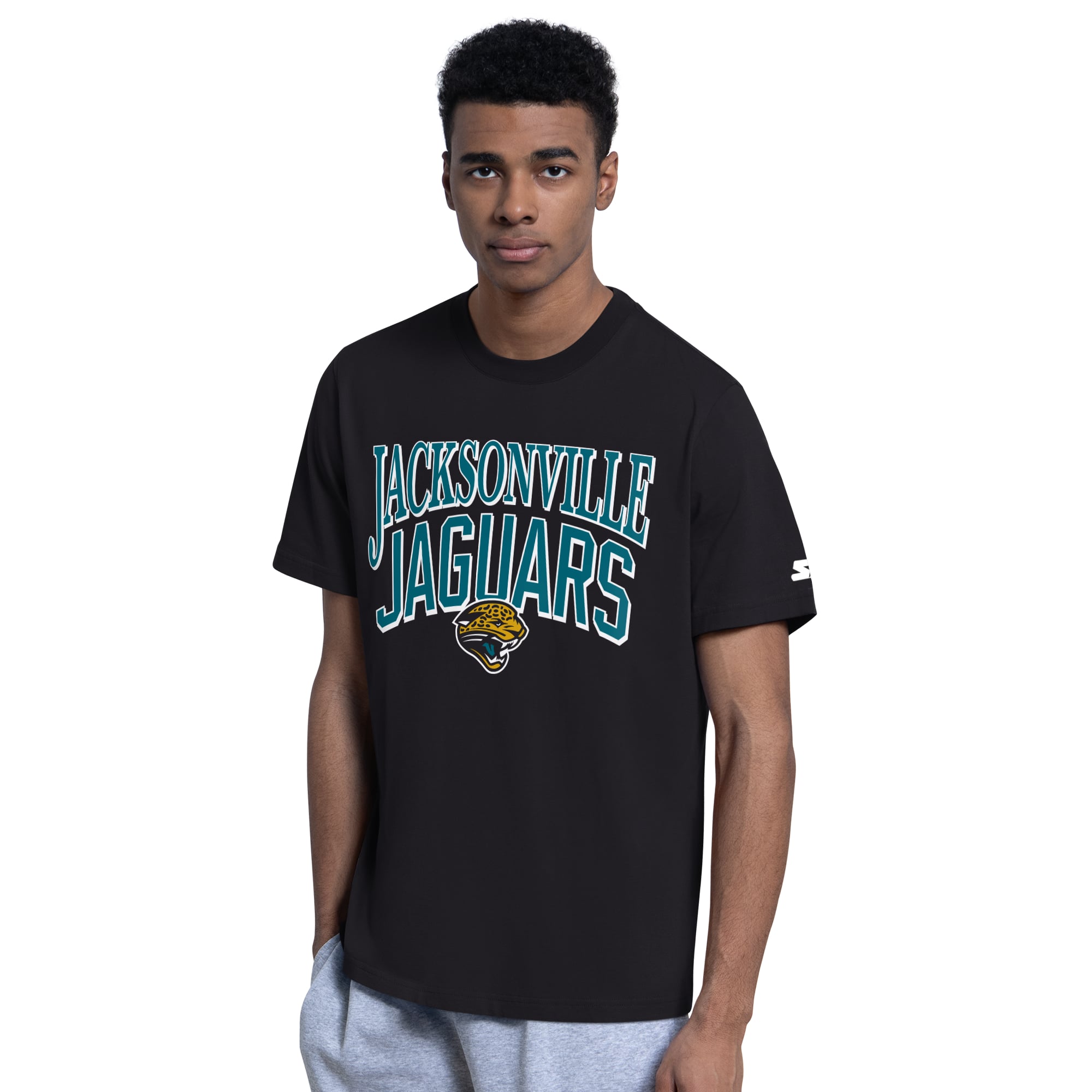 Lot de deux t-shirts Starter pour homme, noir/gris chiné, logo rétro des Jaguars Jacksonville.