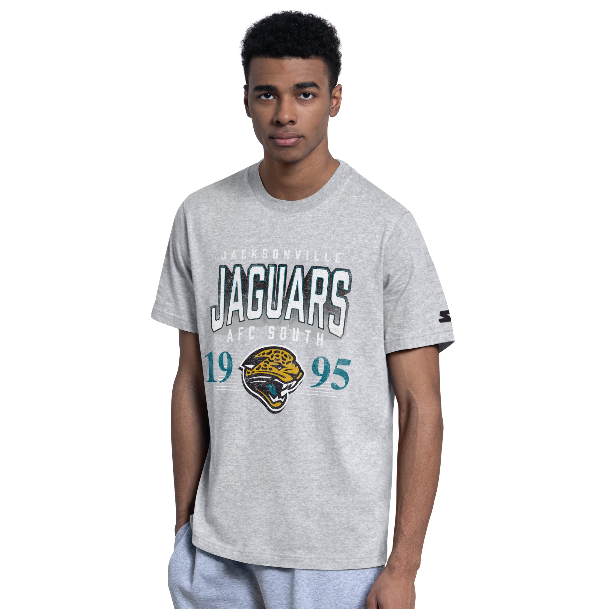Lot de deux t-shirts Starter pour homme, noir/gris chiné, logo rétro des Jaguars Jacksonville.