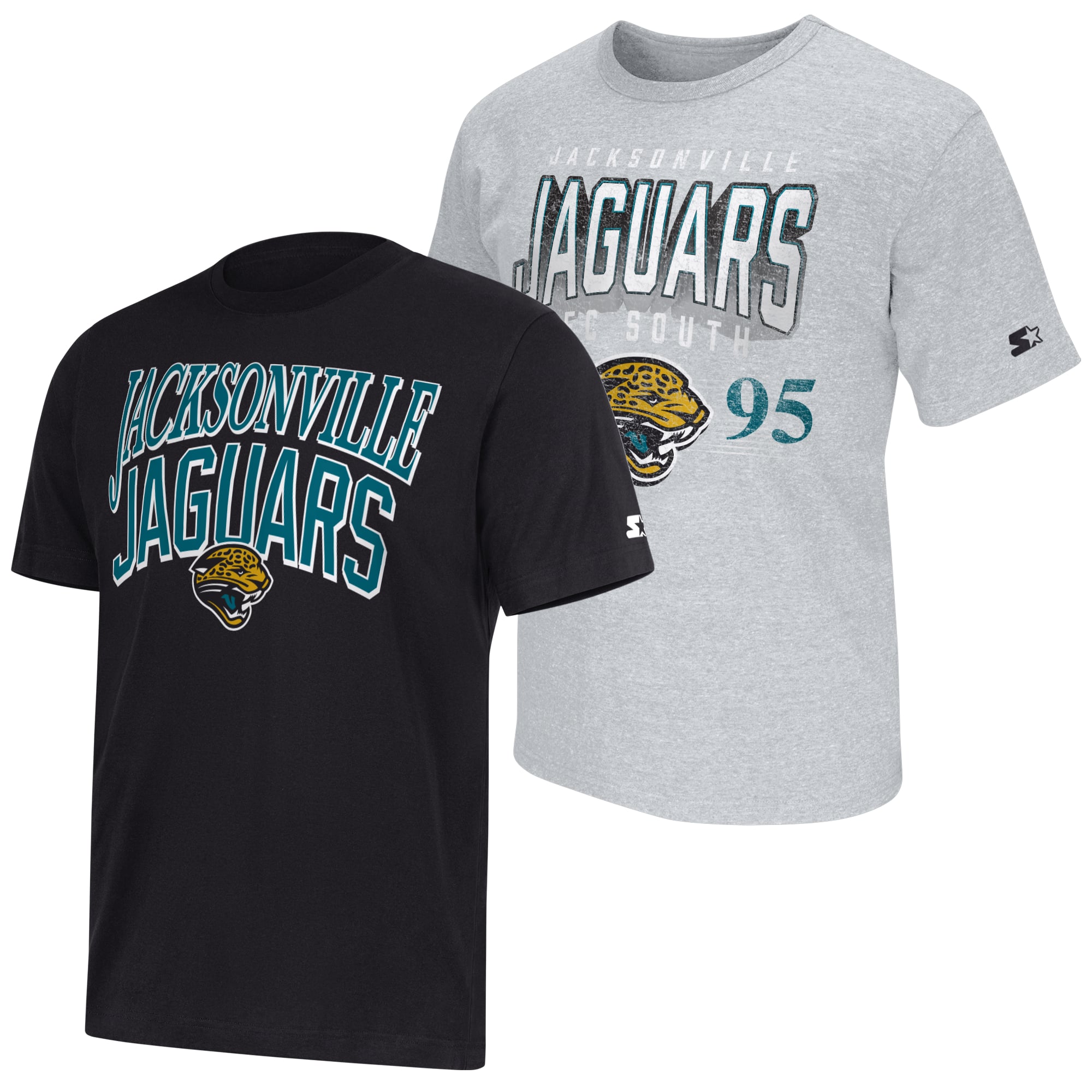 Lot de deux t-shirts Starter pour homme, noir/gris chiné, logo rétro des Jaguars Jacksonville.