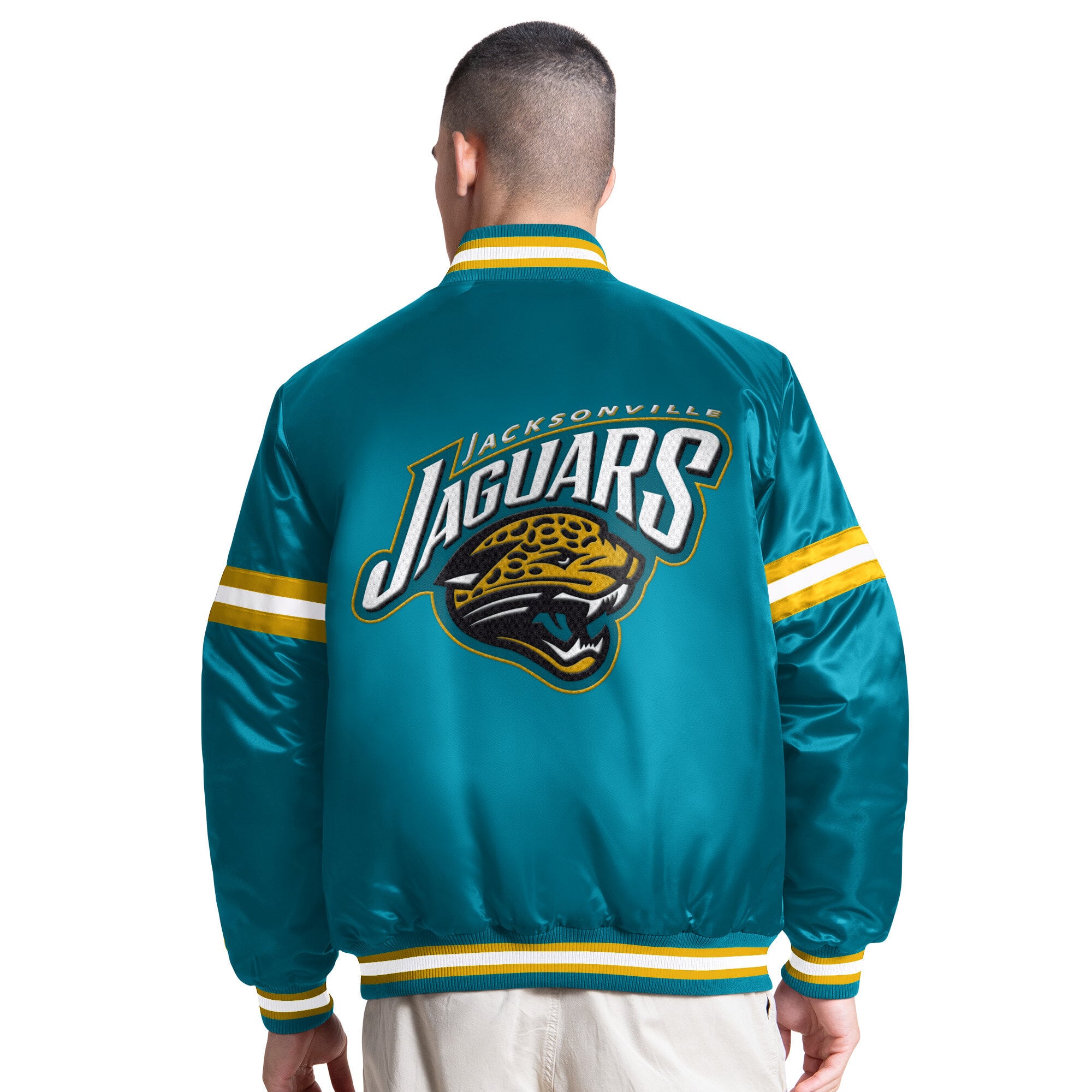 Veste universitaire rétro à boutons-pression Starter pour homme, couleur turquoise, logo des Jaguars de Jacksonville.