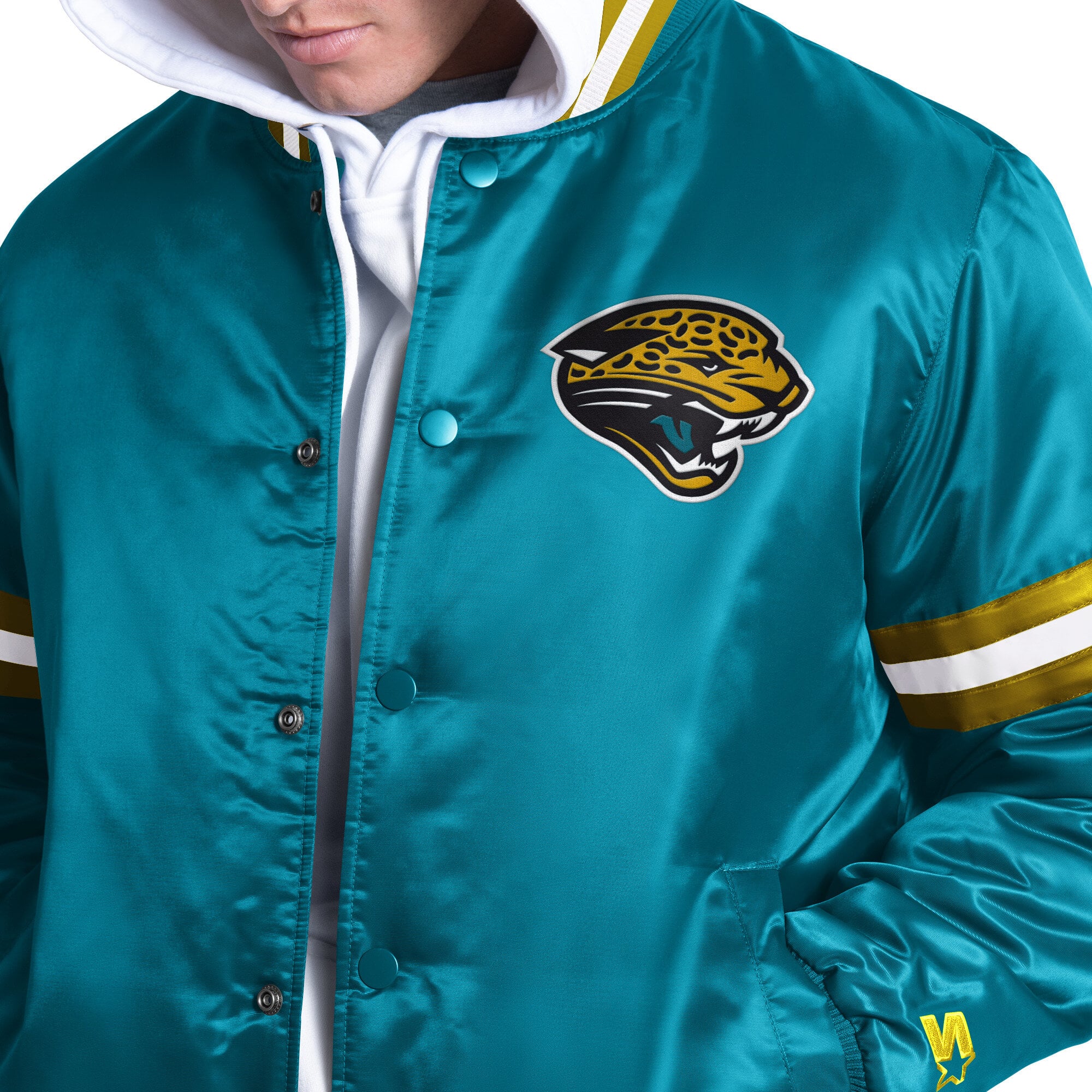 Veste universitaire rétro à boutons-pression Starter pour homme, couleur turquoise, logo des Jaguars de Jacksonville.