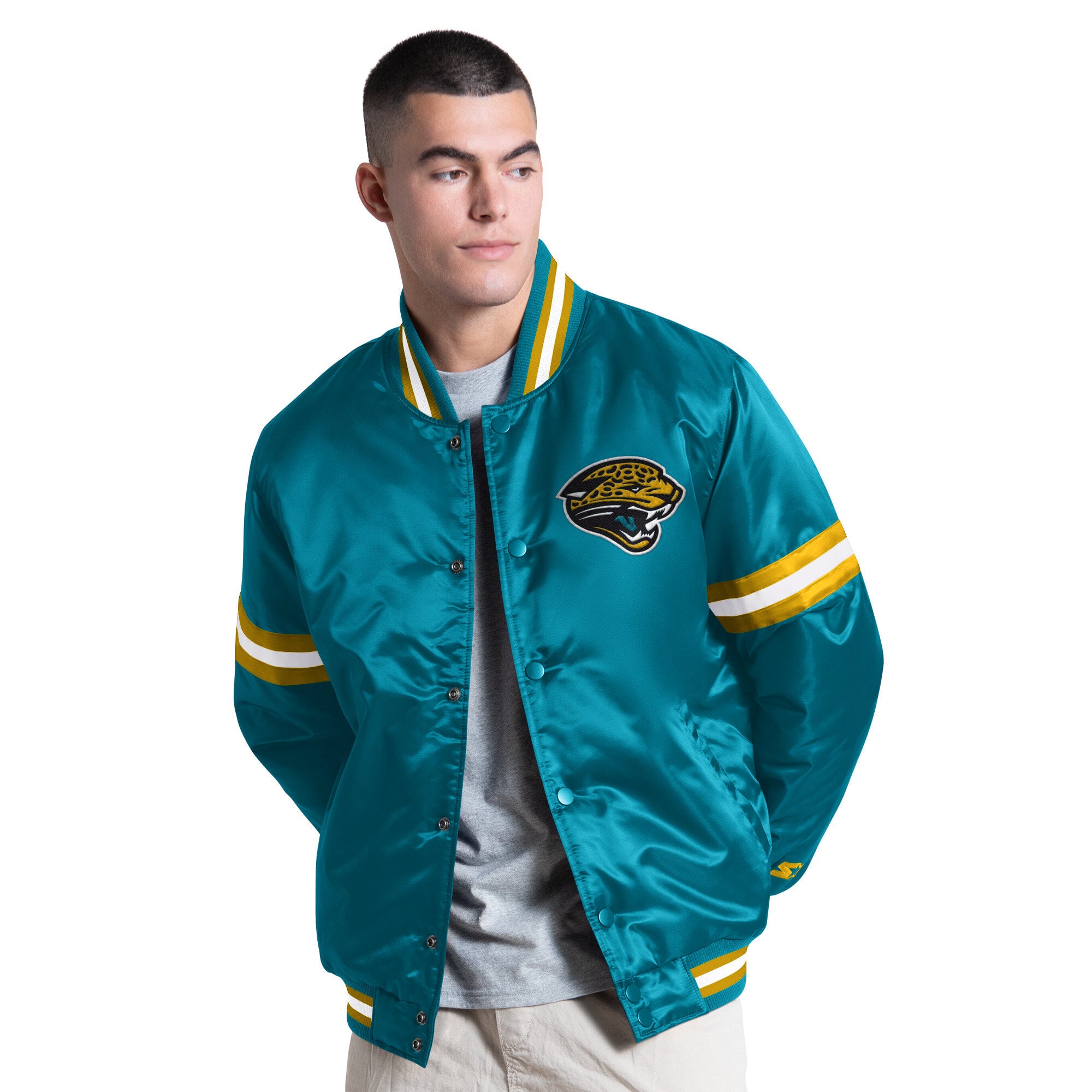 Veste universitaire rétro à boutons-pression Starter pour homme, couleur turquoise, logo des Jaguars de Jacksonville.