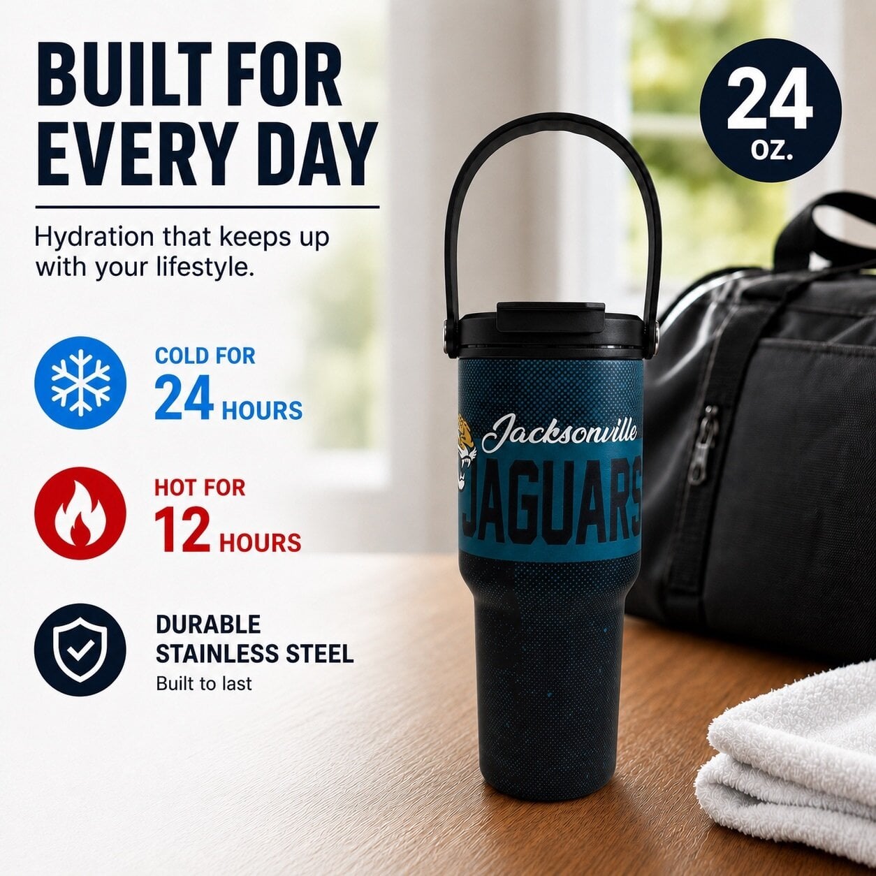 Gourde Pegasus Jacksonville Jaguars de 710 ml (24 oz) en acier inoxydable à dégradé moucheté et double bouchon