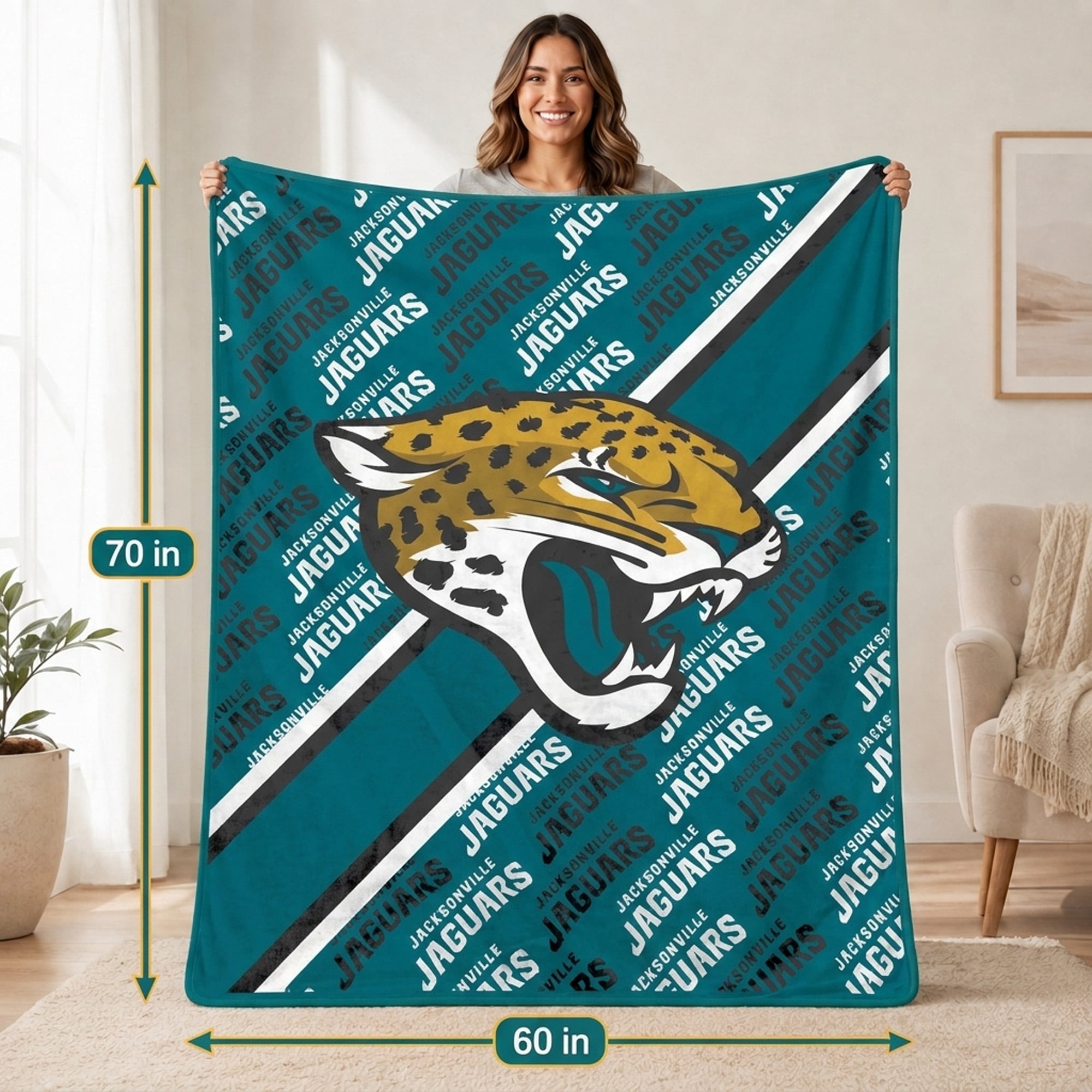 Couverture ultra douce Pegasus Jacksonville Jaguars, 152 x 178 cm (diagonale), doublée, avec logo.