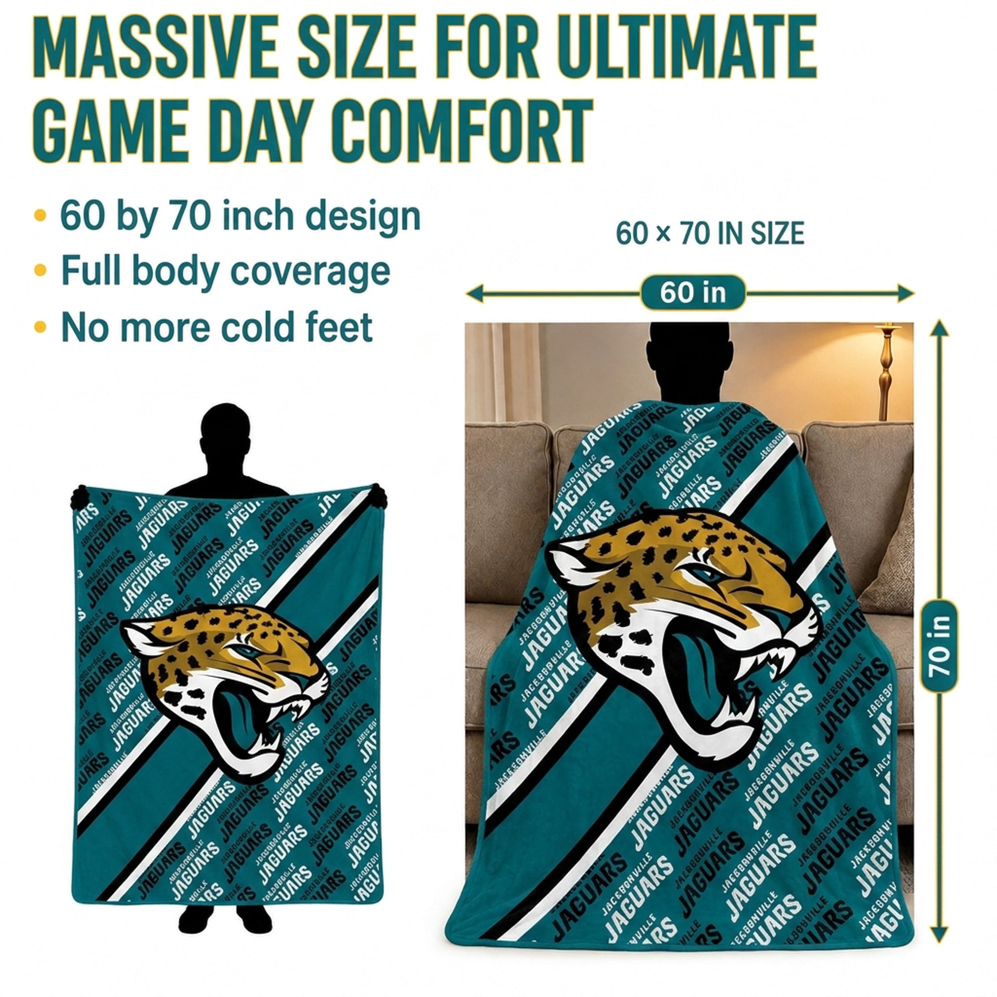 Couverture ultra douce Pegasus Jacksonville Jaguars, 152 x 178 cm (diagonale), doublée, avec logo.