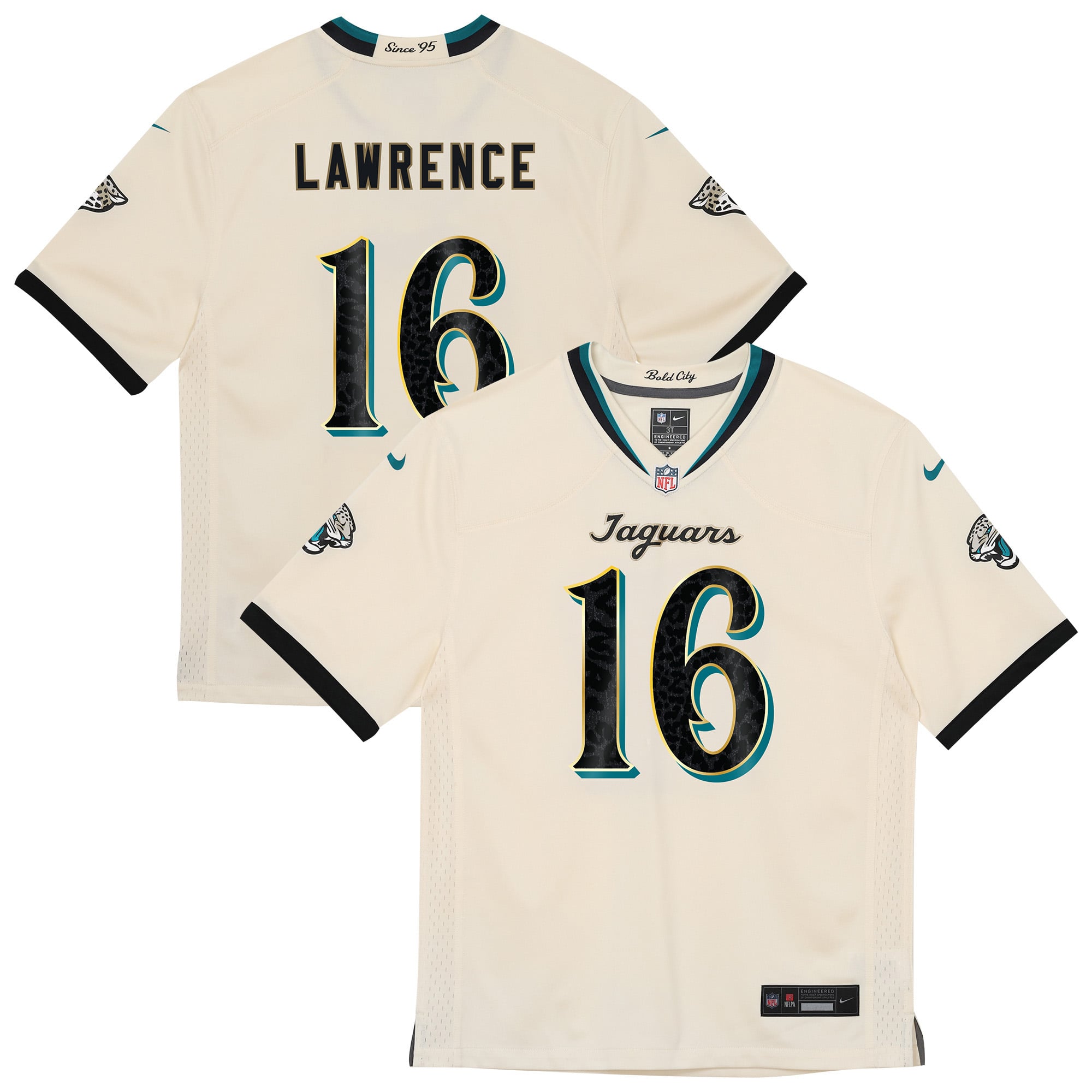 Maillot de match Nike Trevor Lawrence naturel Jacksonville Jaguars Collection Rivalités 2026 pour enfants d'âge préscolaire