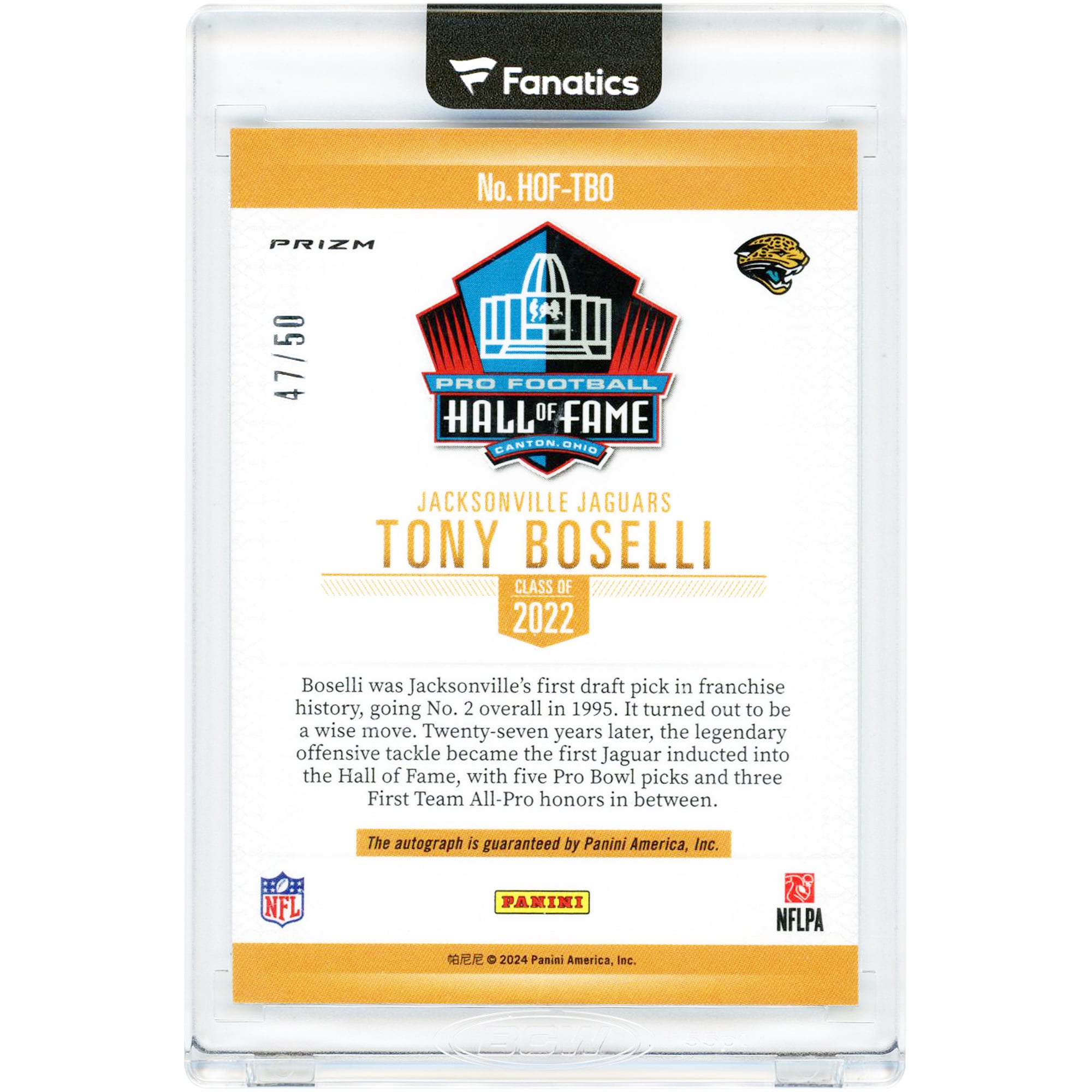 Carte autographiée de Tony Boselli, joueur des Jaguars de Jacksonville, collection Panini Hall of Fame 2024 #HOF-TBO #47/50