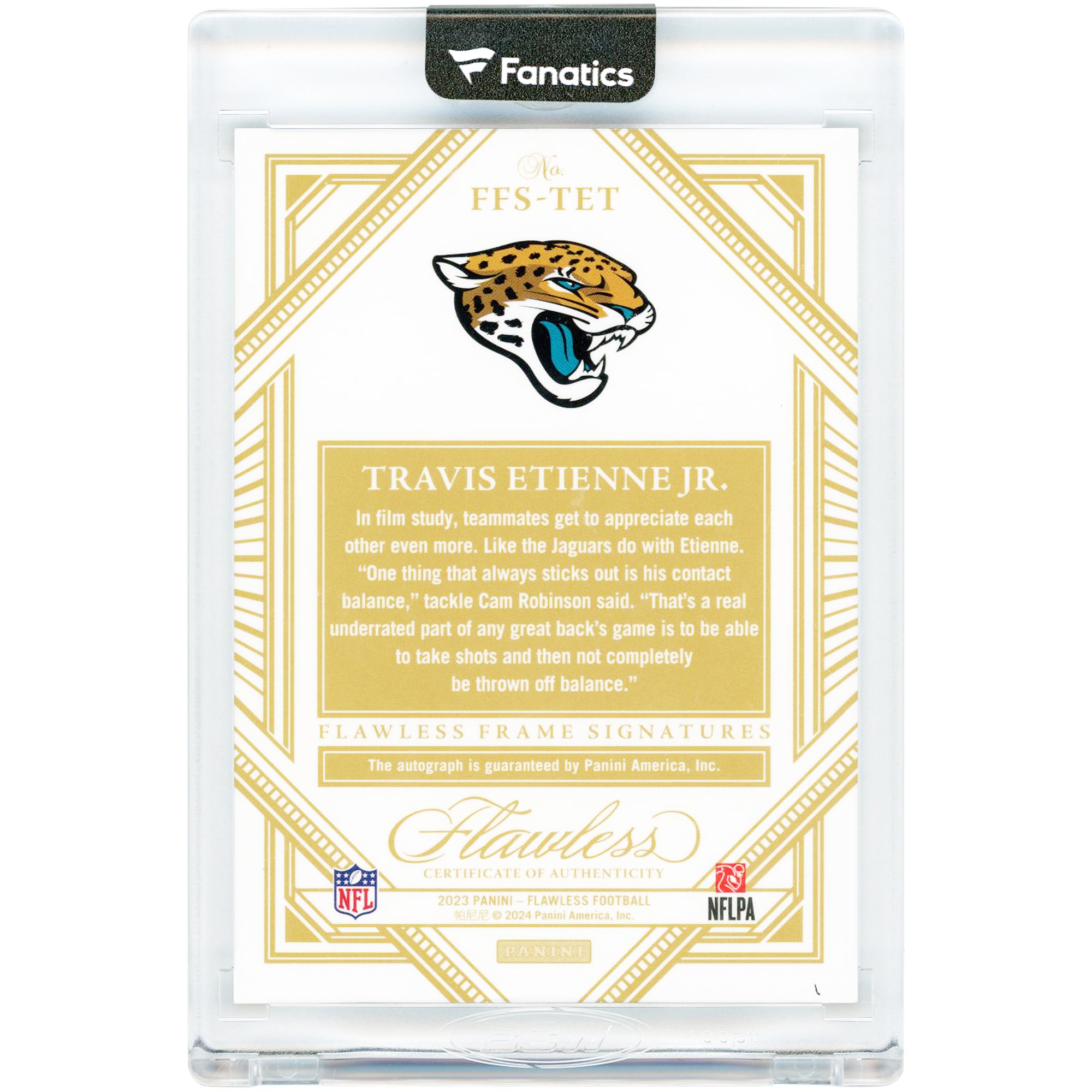 Travis Etienne Jr Jacksonville Jaguars Autographed 2023 Panini Flawless Emerald Flawless Frame Signatures #FFS-TET #2/5 Card