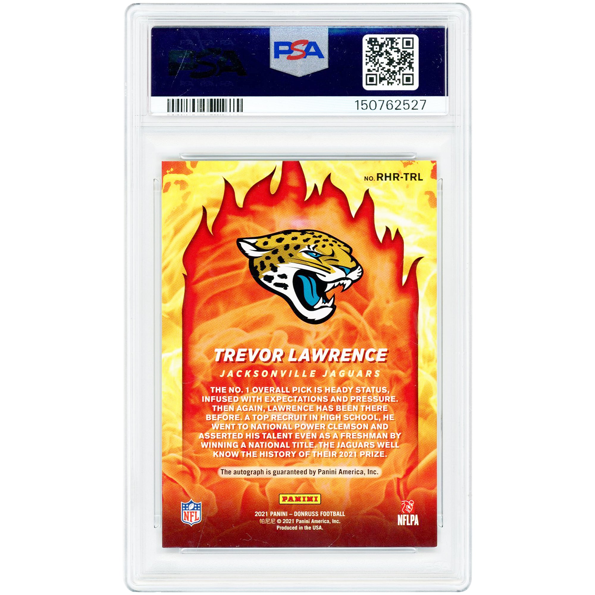 Trevor Lawrence Jacksonville Jaguars Autographed 2021 Panini Donruss Red Hot Rookies #RHR-TRL #5/25 PSA Authenticated 8 Rookie Card