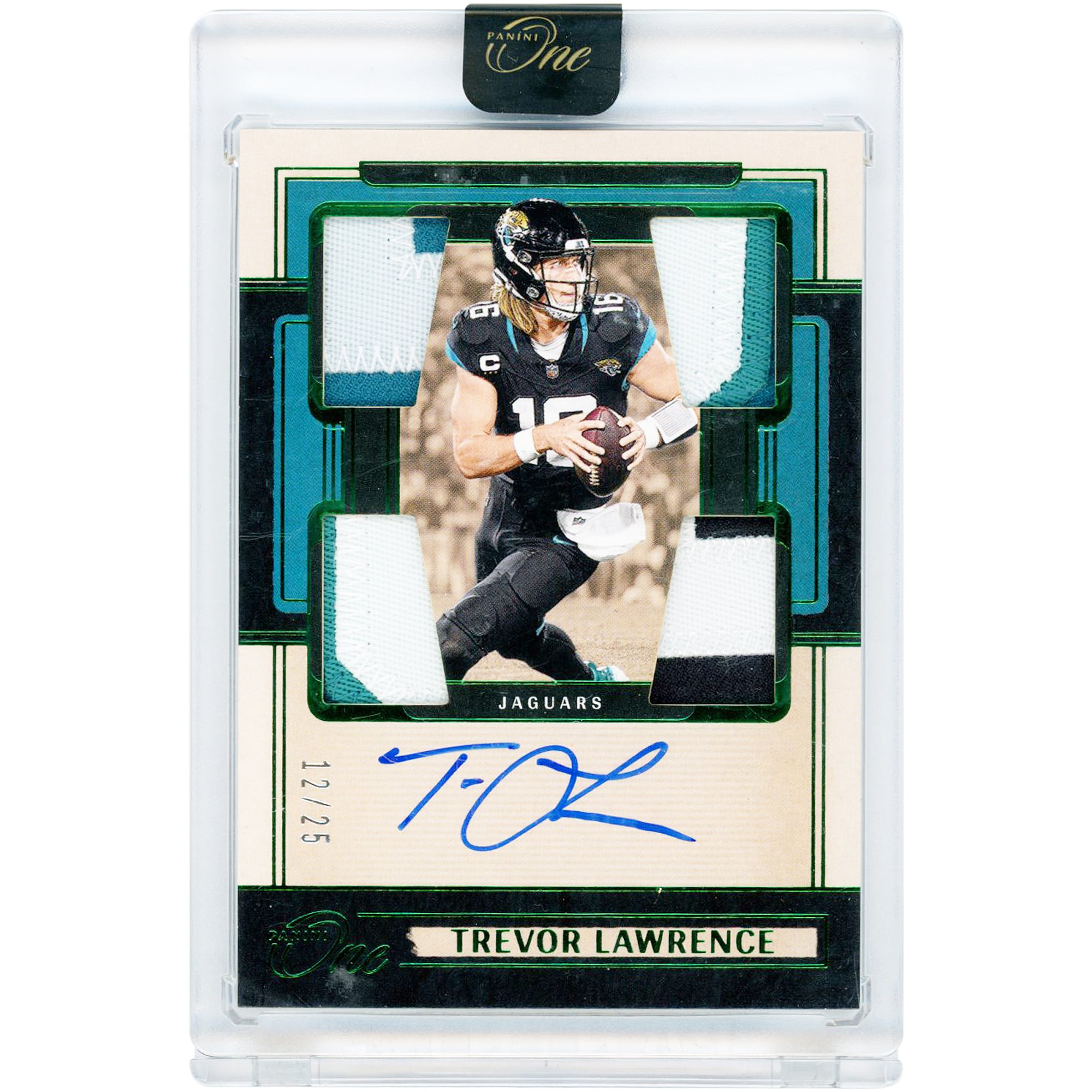 Carte autographiée de Trevor Lawrence (Jaguars de Jacksonville) 2024 Panini One Quad Multi-Color Relics #51 #12/25