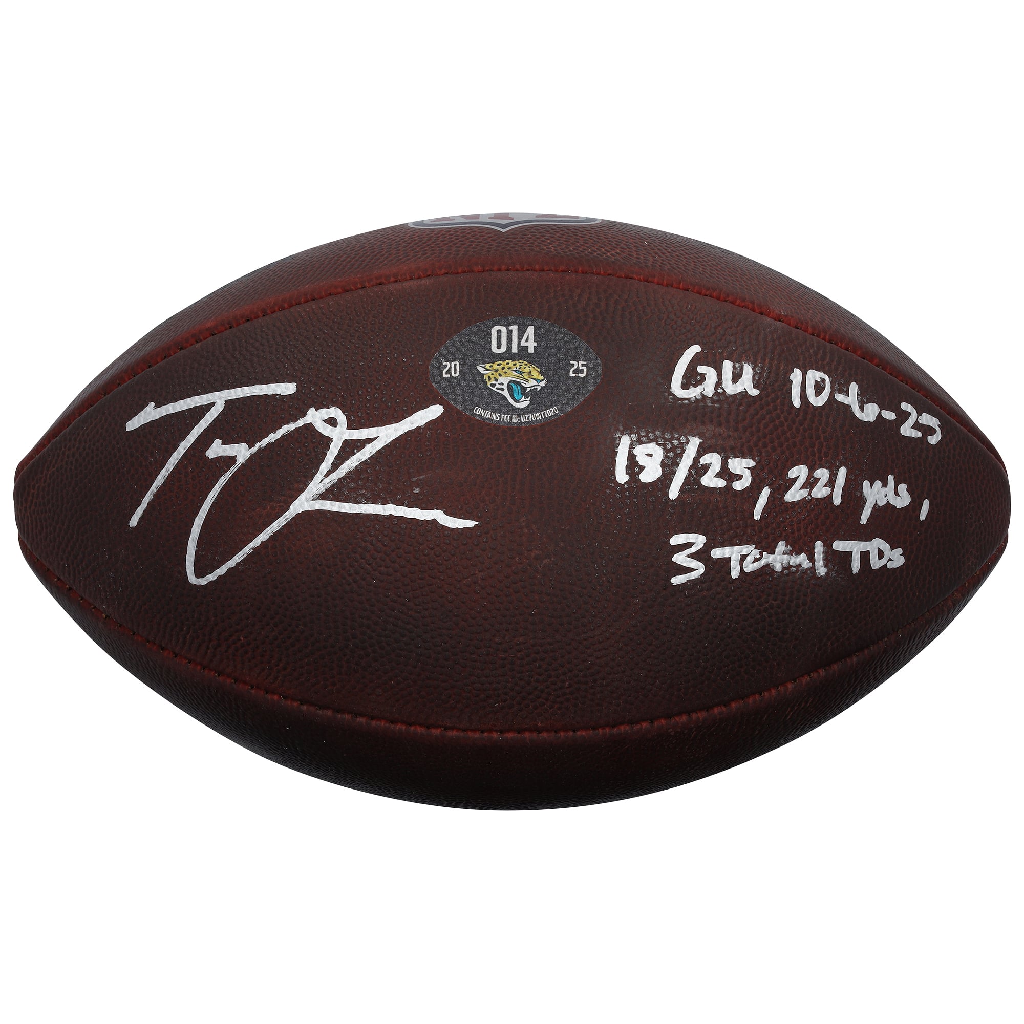 Ballon de football américain utilisé lors du match contre les Chiefs de Kansas City le 6 octobre 2025, autographié par Trevor Lawrence (Jaguars de Jacksonville), avec plusieurs inscriptions - n° 14