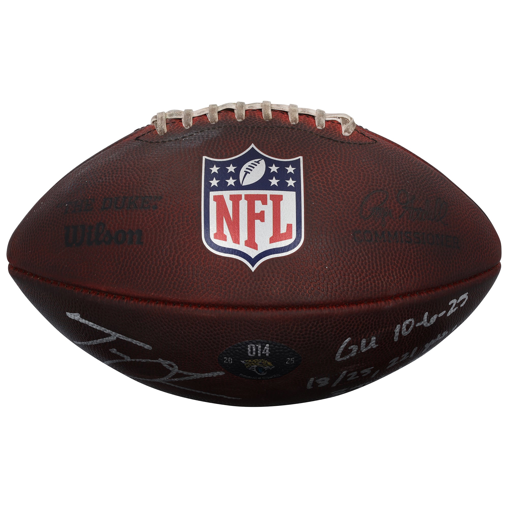 Ballon de football américain utilisé lors du match contre les Chiefs de Kansas City le 6 octobre 2025, autographié par Trevor Lawrence (Jaguars de Jacksonville), avec plusieurs inscriptions - n° 14