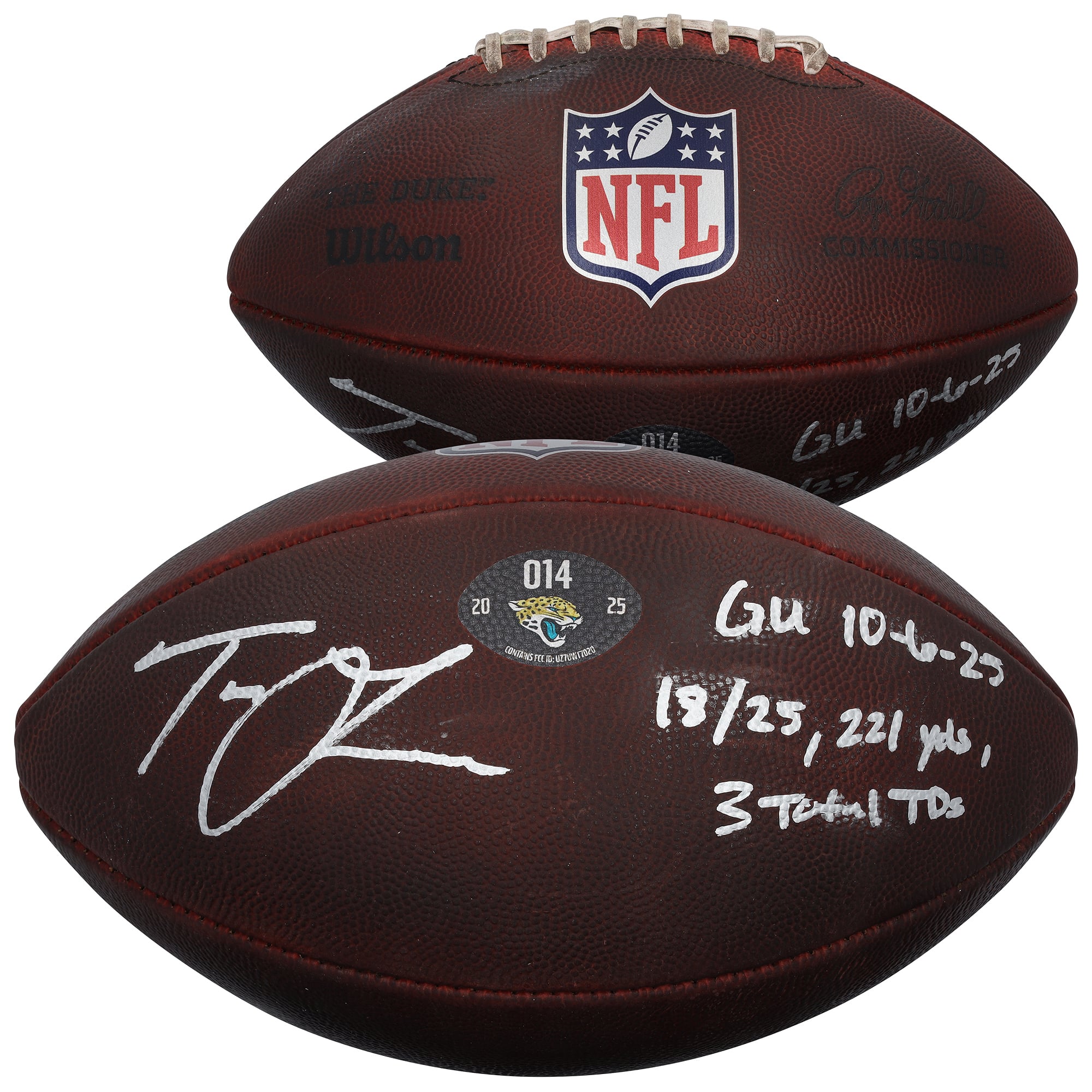 Ballon de football américain utilisé lors du match contre les Chiefs de Kansas City le 6 octobre 2025, autographié par Trevor Lawrence (Jaguars de Jacksonville), avec plusieurs inscriptions - n° 14