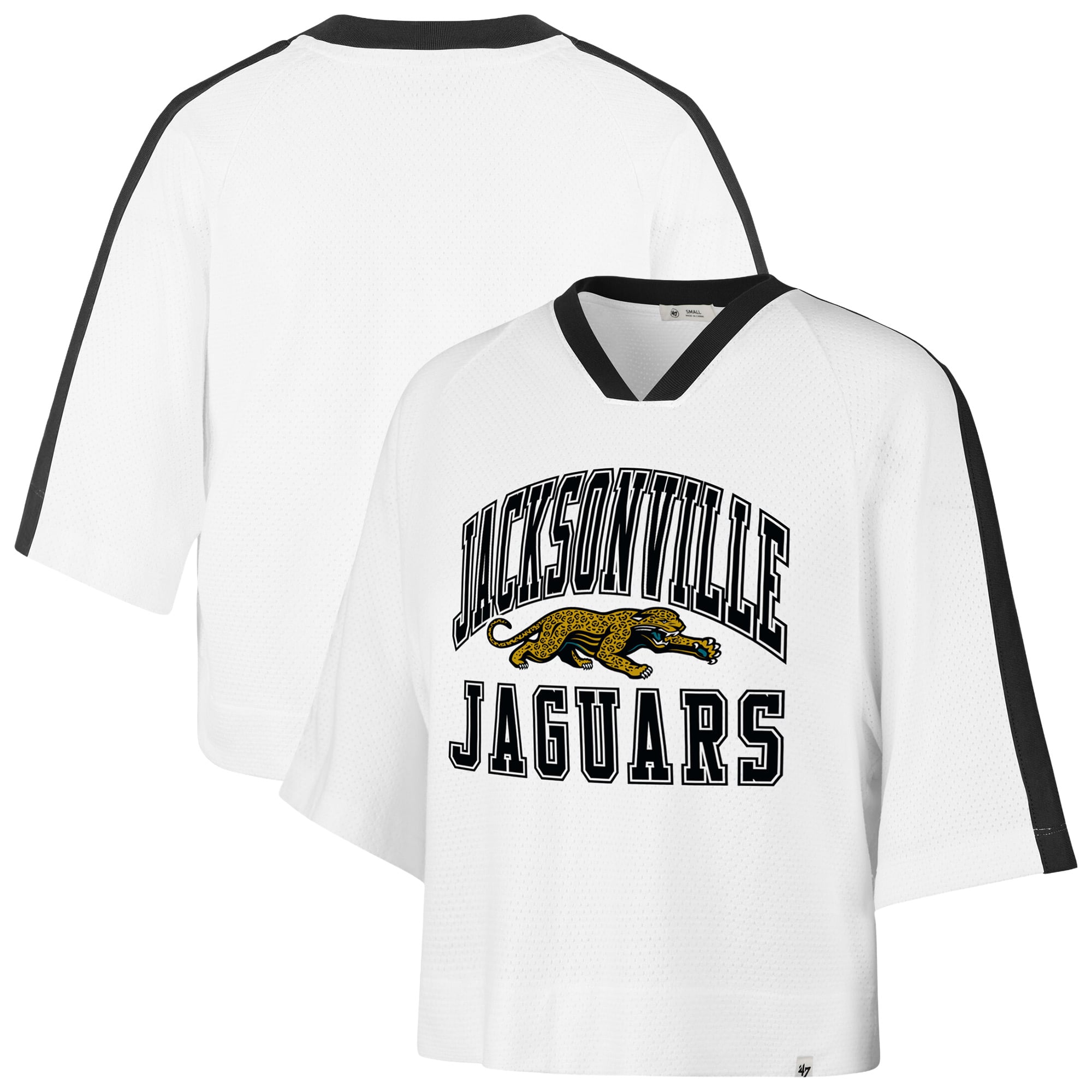 Women's '47 White Jacksonville Jaguars Big Overarch Drop Needle Raglan V-Neck T-Shirt