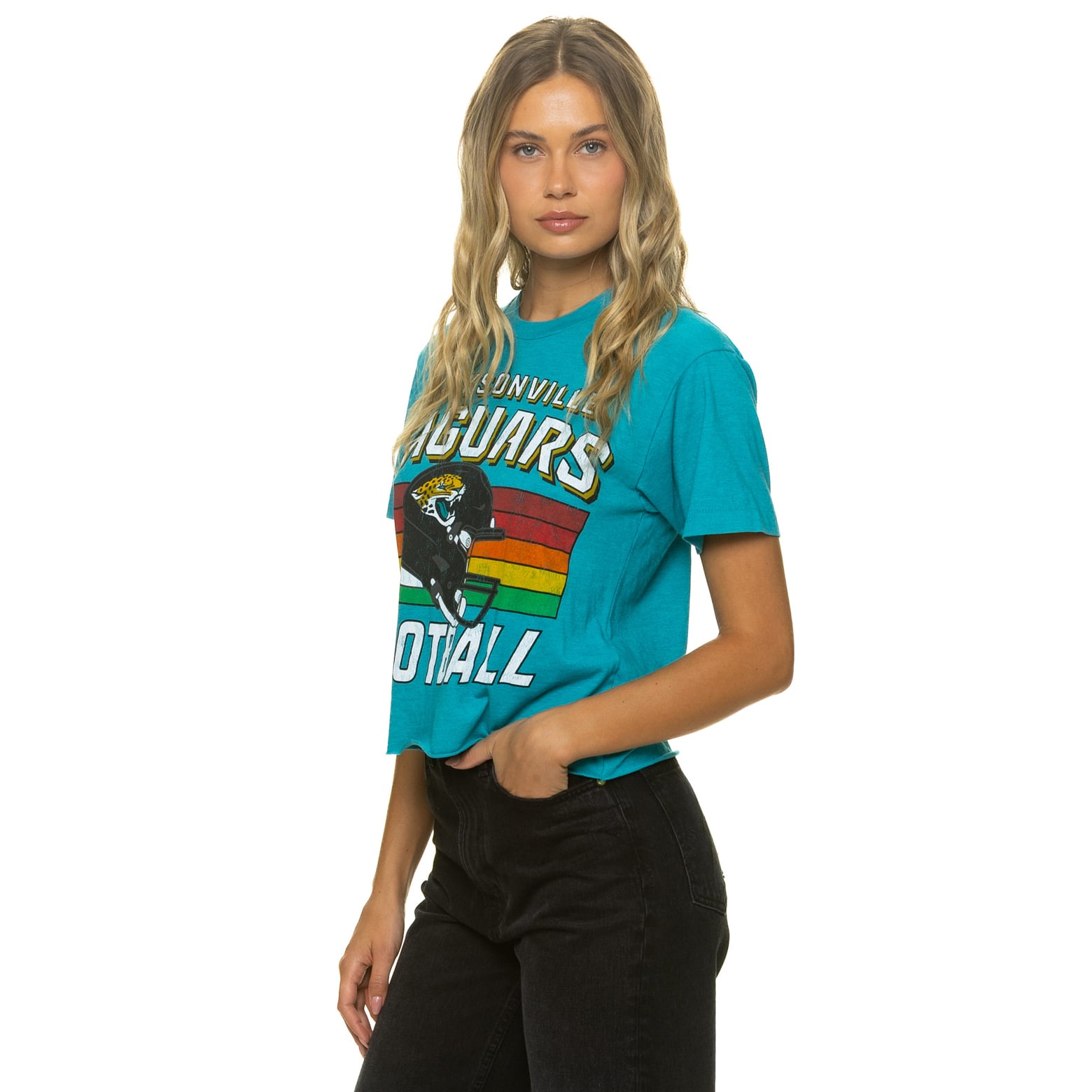 T-shirt Aviator Nation pour femme, couleur sarcelle, Jacksonville Jaguars, coupe carrée, mélange de trois matières