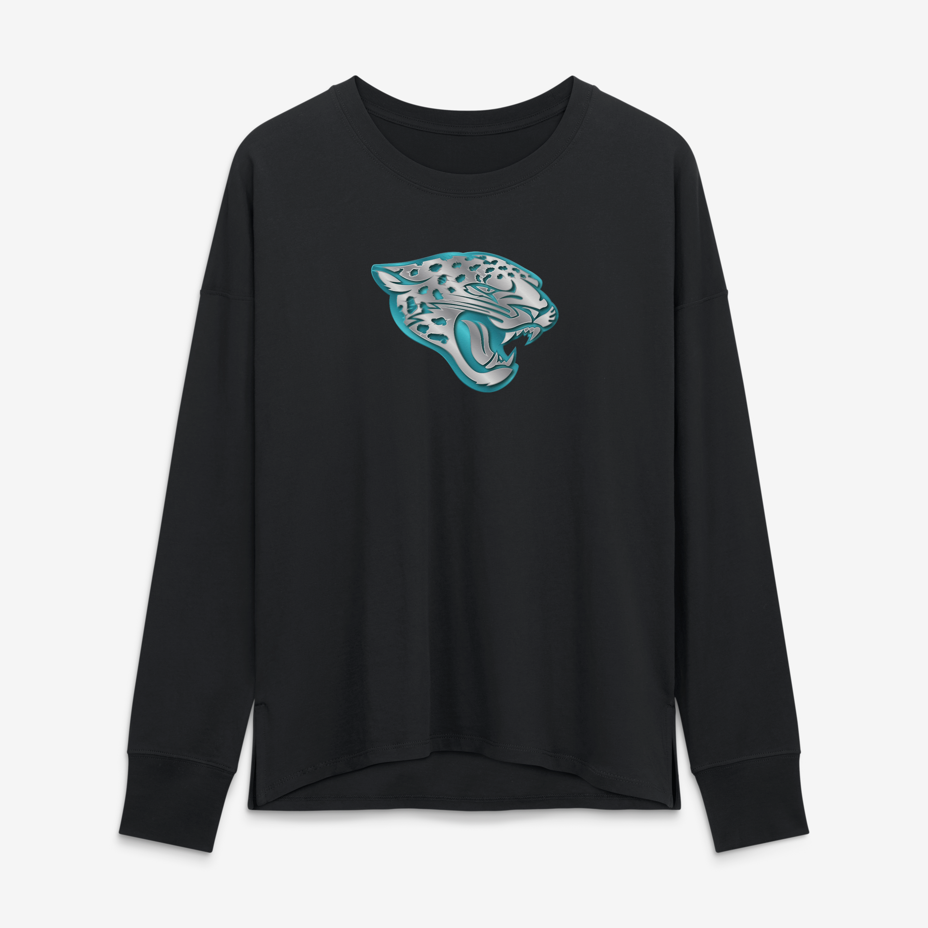 T-shirt à manches longues noir pour femmes avec mascotte métallique des Jaguars de Jacksonville