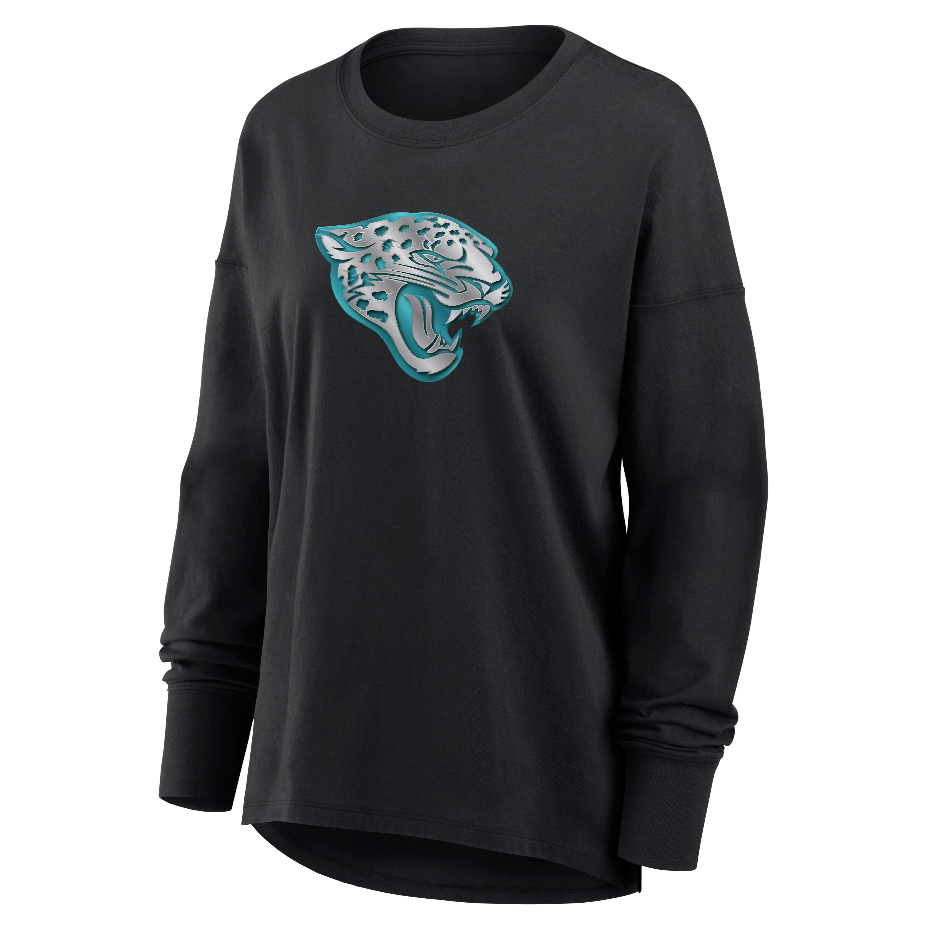 T-shirt à manches longues noir pour femmes avec mascotte métallique des Jaguars de Jacksonville