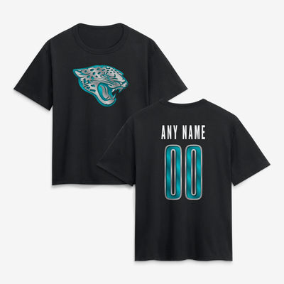 Jacksonville Jaguars Women's Metallic Mascot Personalized Name & Number T-Shirt - Black