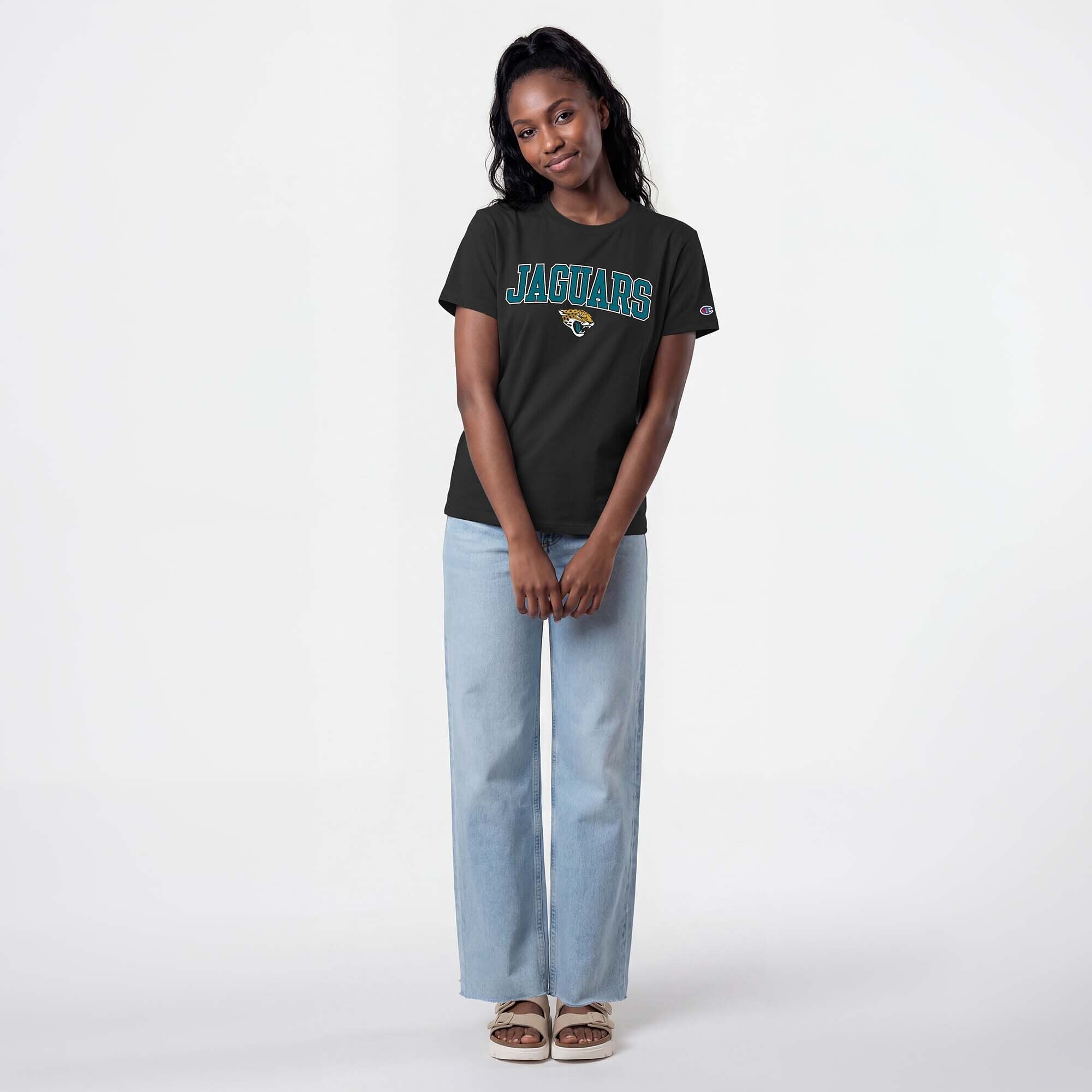 T-shirt noir Champion pour femmes, logo arqué des Jaguars de Jacksonville