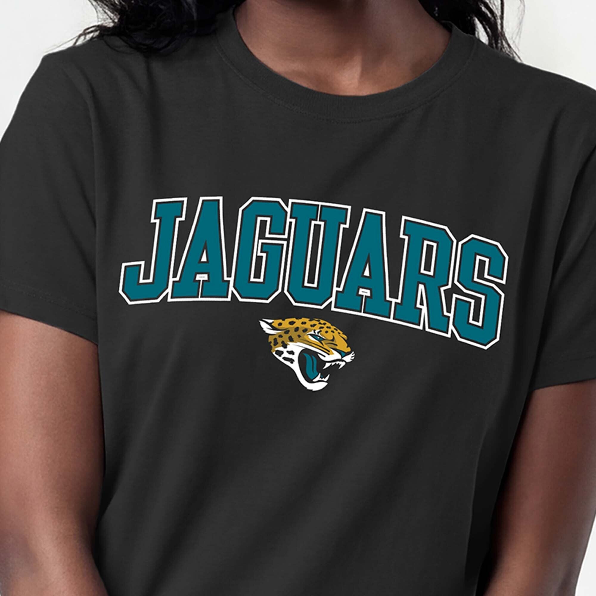 T-shirt noir Champion pour femmes, logo arqué des Jaguars de Jacksonville