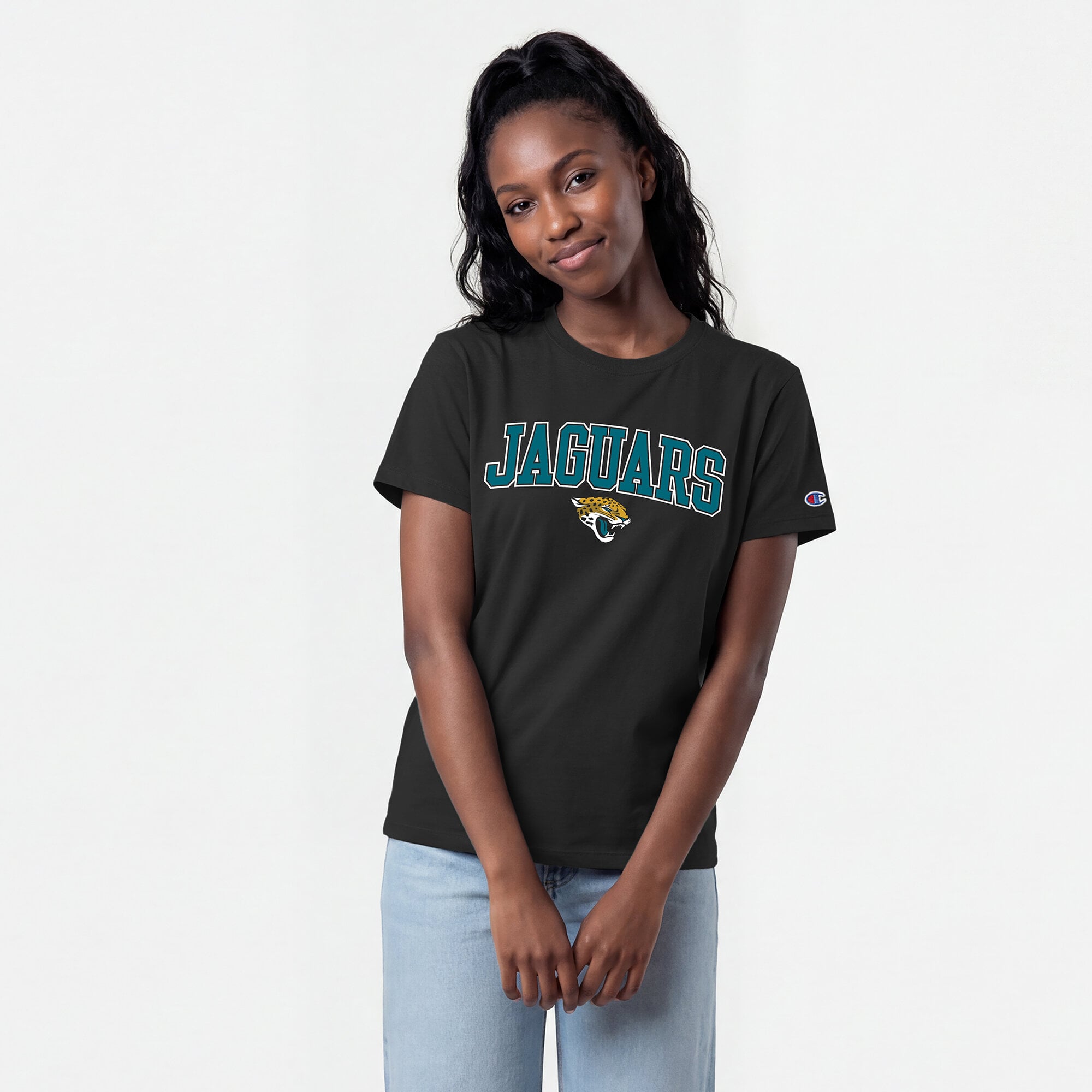 T-shirt noir Champion pour femmes, logo arqué des Jaguars de Jacksonville