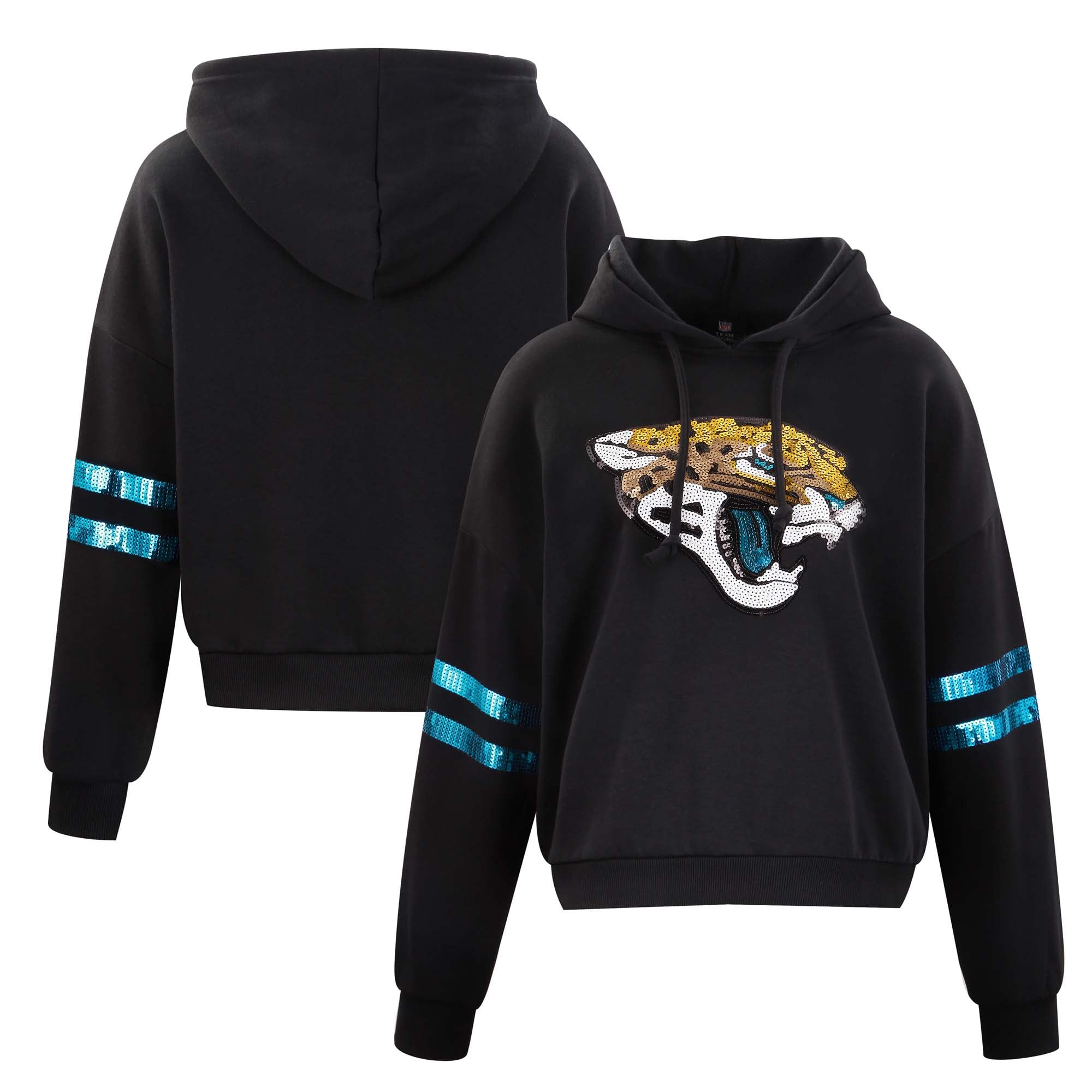 Sweat à capuche court sequins noirs FABGATING by Cuce pour femme, aux couleurs des Jaguars de Jacksonville.