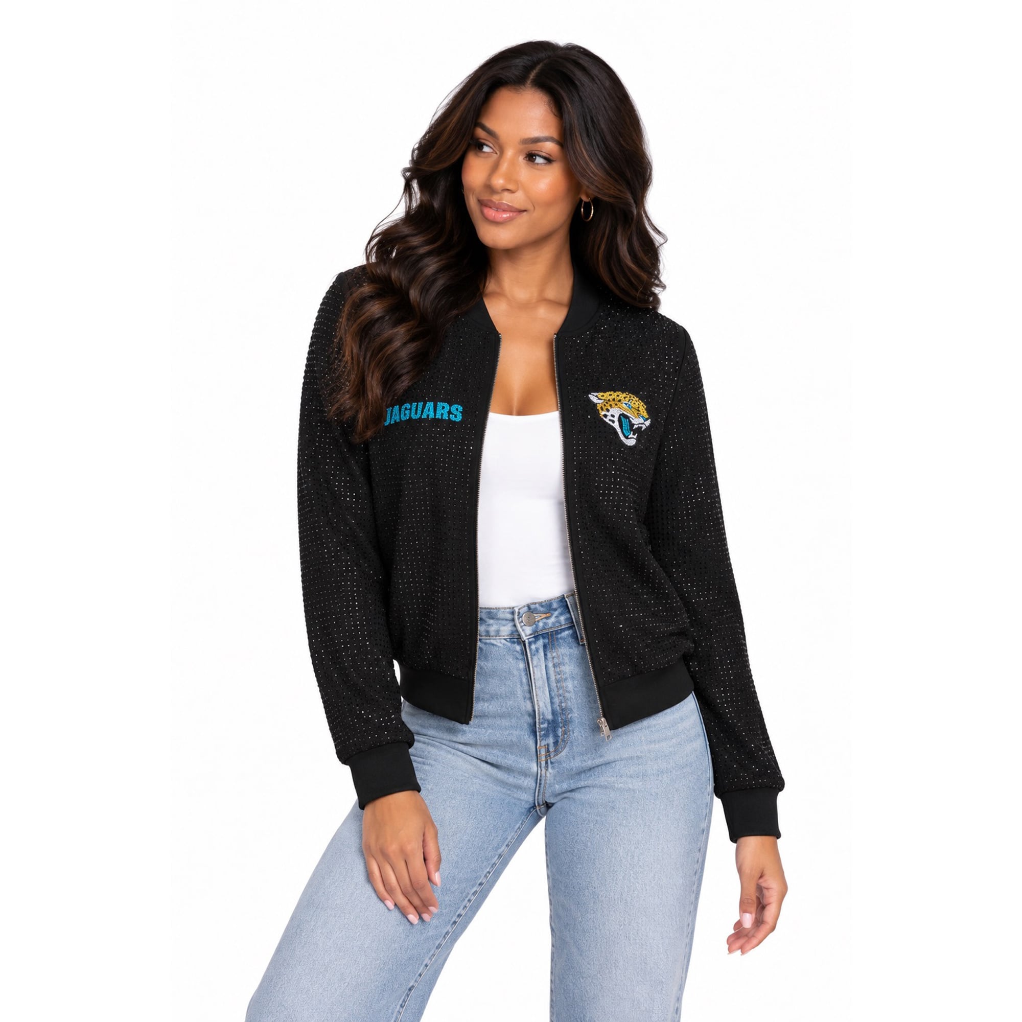 Veste bomber zippée intégrale FABGATING by Cuce noire Jacksonville Jaguars Crystal pour femme